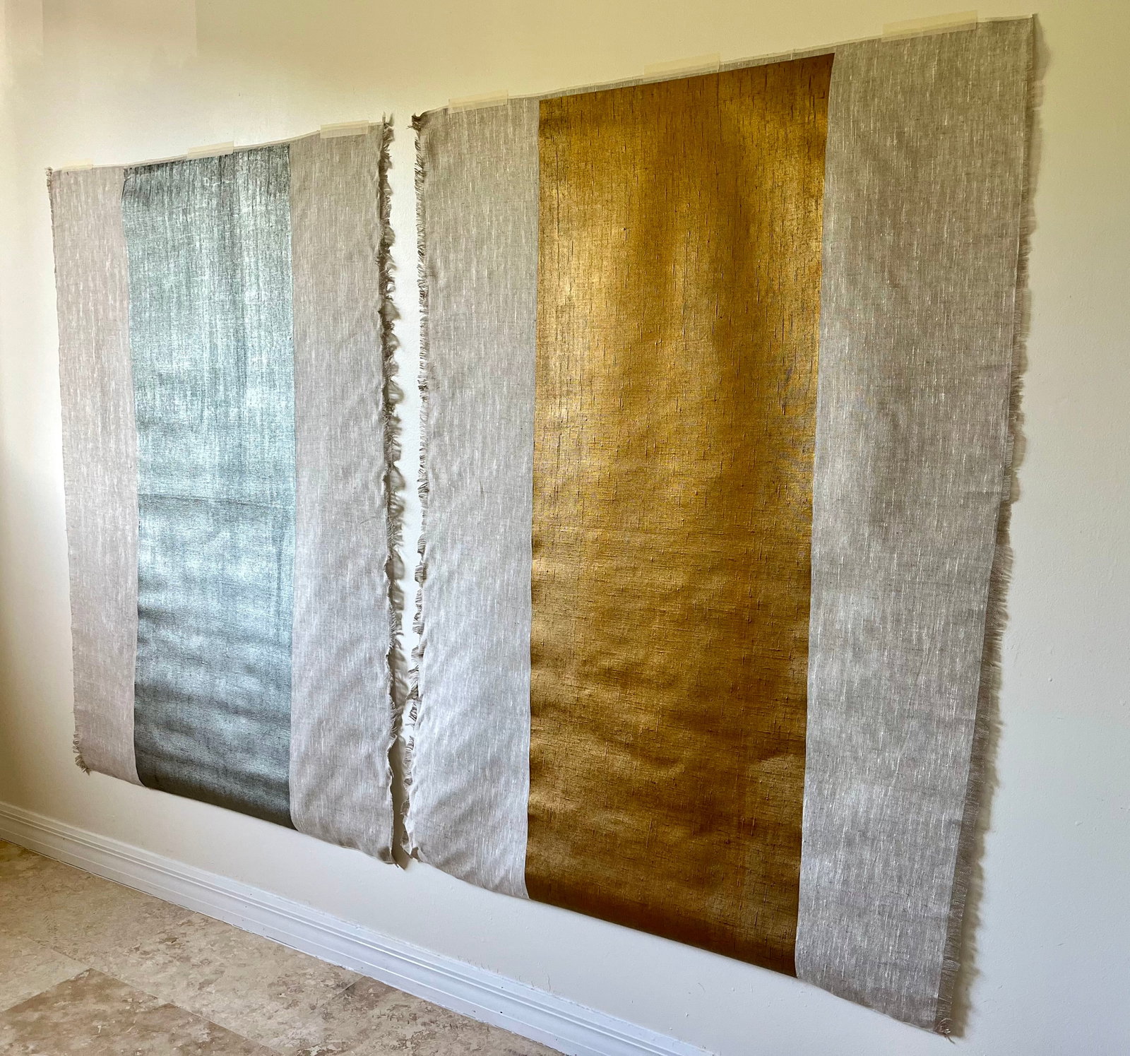 Large Minimalist Abstract on Raw Linen – Acrylic & Charcoal Diptych: Striking contemporary diptych featuring acrylic, charcoal, and metallic pigment on raw linen panels. The composition is defined by vertical fields of muted tone—one cool, silvery-gray and the other 