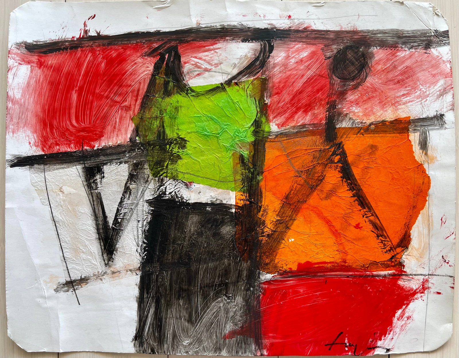 VINTAGE ABSTRACT PAINTING MIXED MEDIA ON PAPER: MIXED MEDIA ON PAPER PAINTING. SIGNED UNINTELLIGIBLE. SIZE: 15.7 X 12.5 INCHES APPROX. PAINTING IS UNFRAMED. SHIPPING IN THE U.S VIA USPS PRIORITY MAIL $16
