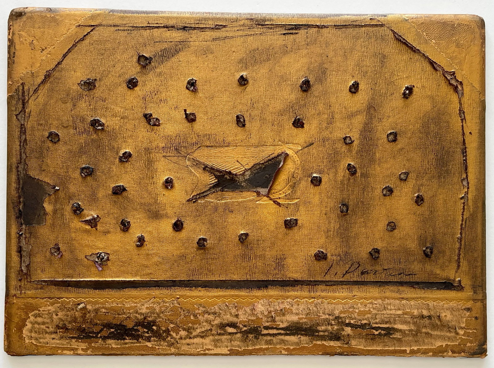 VINTAGE MINIMALIST ART WORK: MIXED MEDIA ON ANTIQUE CARDBOARD. SIGNED UNINTELLIGIBLE. SIZE: 15 X 10.5 INCHES APPROX. PAINTING IS UNFRAMED. SHIPPING IN THE U.S VIA USPS PRIORITY MAIL $20.