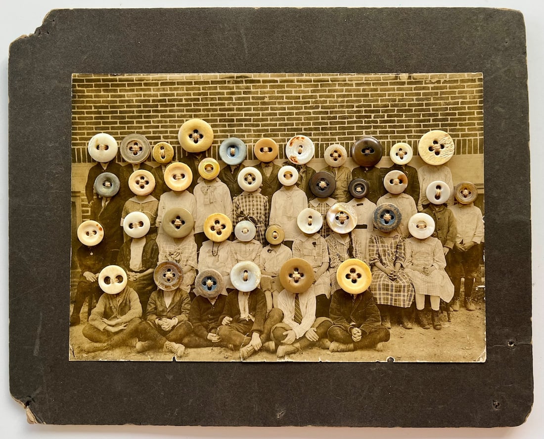 ANTIQUE EERIE OUTSIDER FOLK ART RARE GOTHIC PHOTO COLLAGE W BUTTONS: Antique eerie outsider folk art photo collage featuring an antique studio portrait altered with sewn-on buttons replacing the subjects’ faces. Mounted on original card stock with visible stitching o