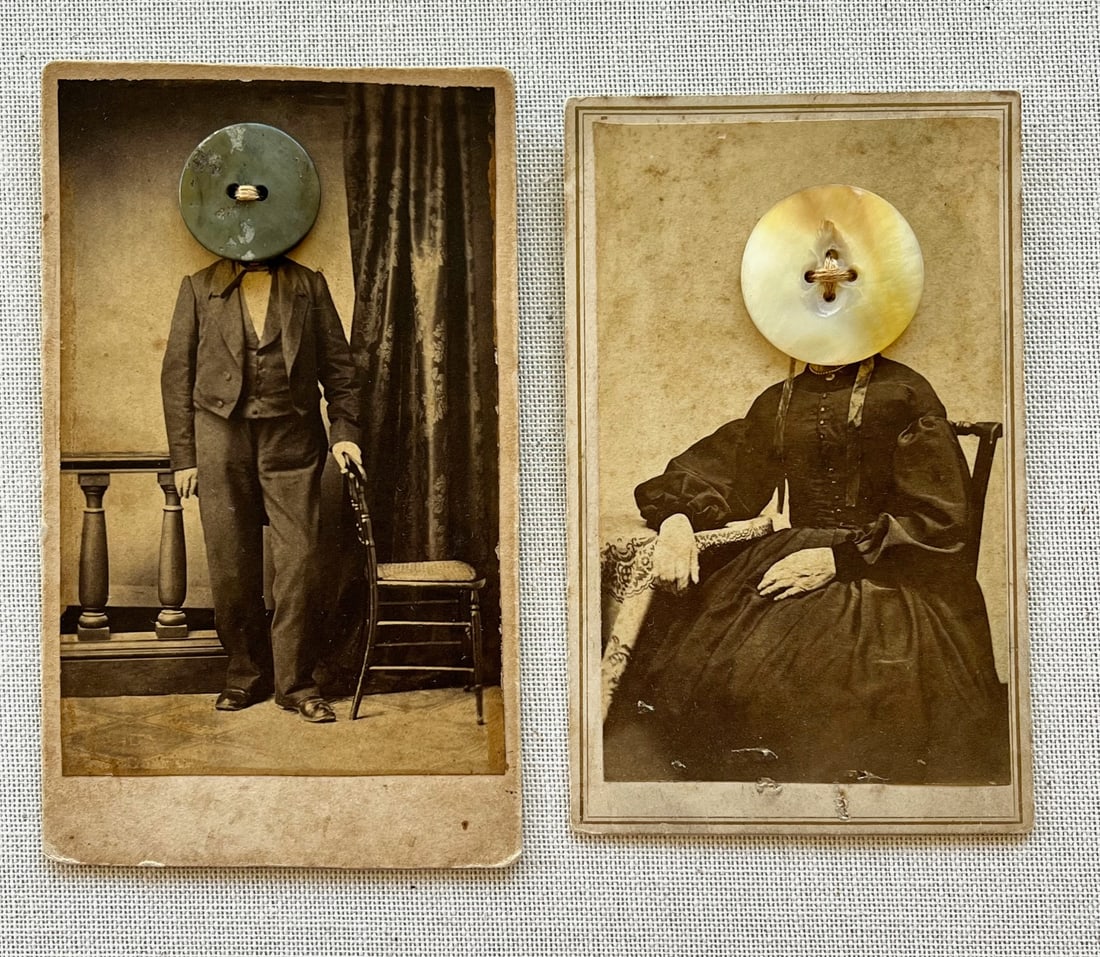 SET OF 2 ANTIQUE EERIE OUTSIDER FOLK ART VICTORIAN GOTHIC PHOTO COLLAGE BUTTONS: Set of 2 Antique eerie outsider folk art photo collages featuring an antique studio portrait altered with sewn-on buttons replacing the subjects’ faces. Mounted on original card stock with visible s