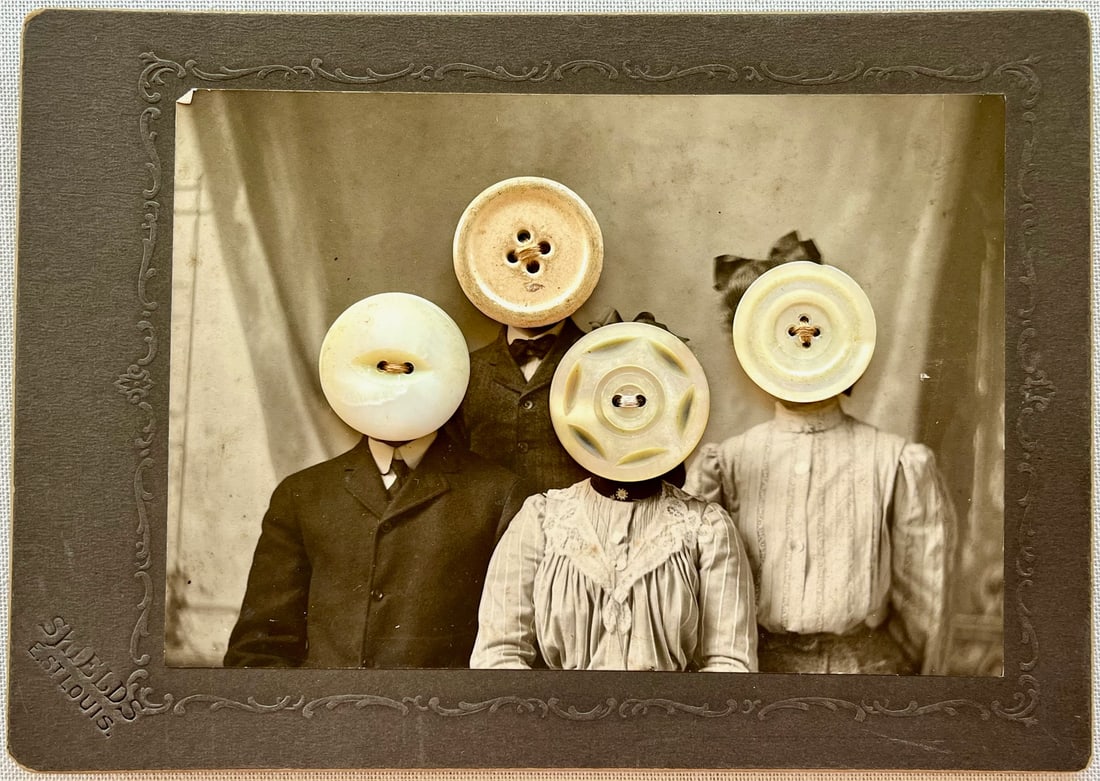 ANTIQUE EERIE OUTSIDER FOLK ART VICTORIAN GOTHIC PHOTO COLLAGE BUTTONS: Antique eerie outsider folk art photo collages featuring an antique studio portrait altered with sewn-on buttons replacing the subjects’ faces. Mounted on original card stock with visible stitching 