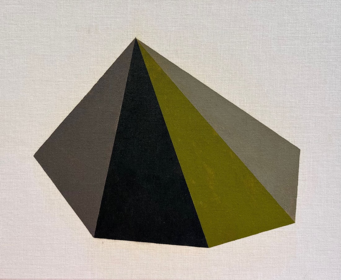 Mid Century Modern Geometric Oil Painting Pyramid Form: Vintage geometric abstract oil painting on linen board. Strong architectural composition featuring a faceted pyramidal form rendered in earthy modernist tones. Executed in oil with flat, controlled pl