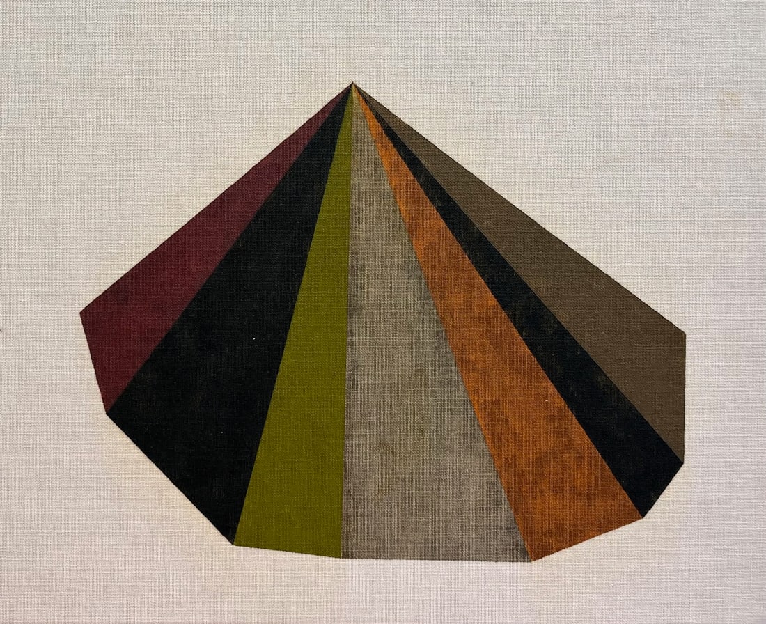 Mid Century Modern Geometric Oil Painting Pyramid Form: Vintage geometric abstract oil painting on linen board. Strong architectural composition featuring a faceted pyramidal form rendered in earthy modernist tones. Executed in oil with flat, controlled pl