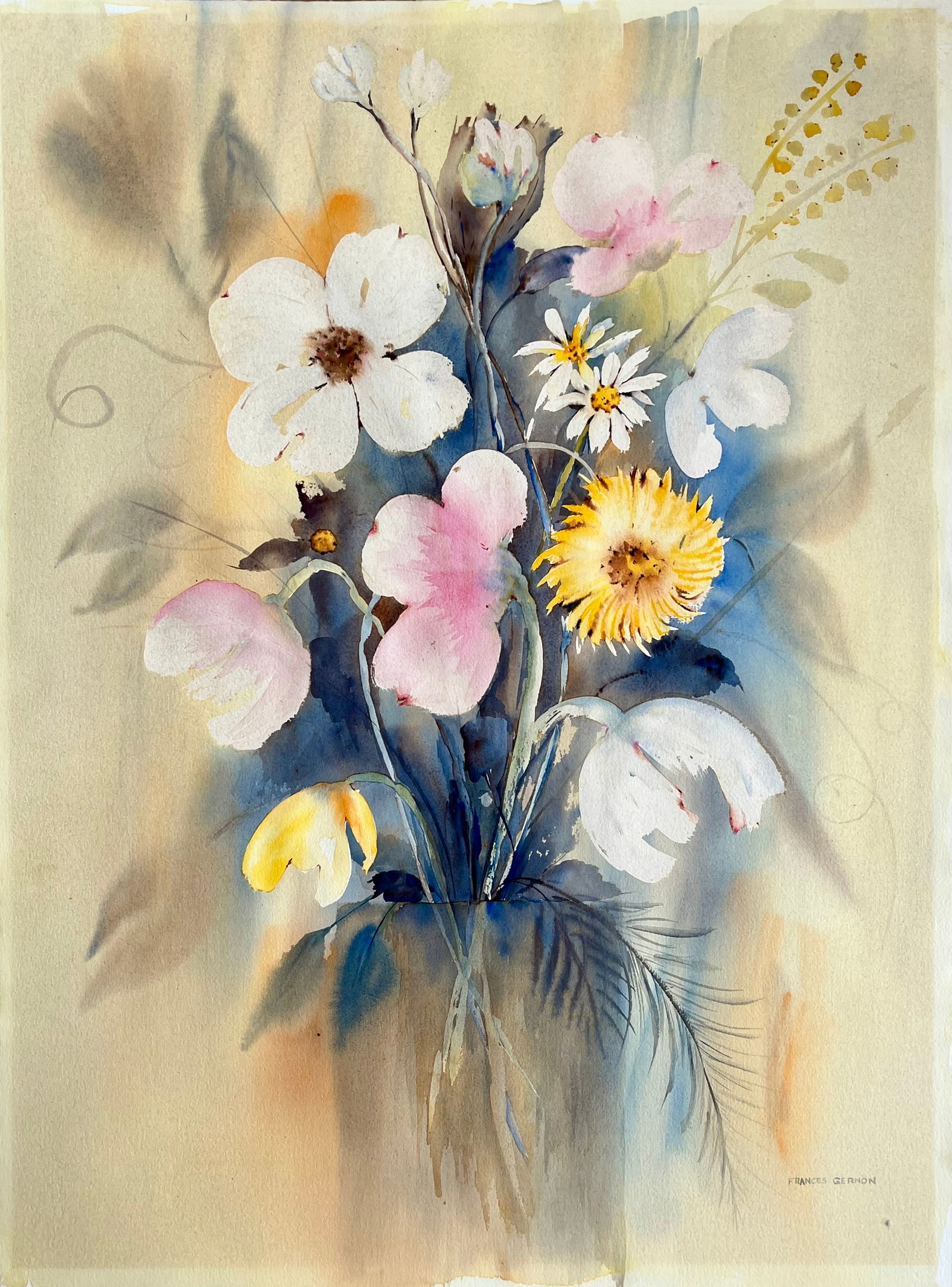 ORIGINAL VINTAGE LARGE WATERCOLOR FLORAL BOUQUET PAINTING (1 of 5)