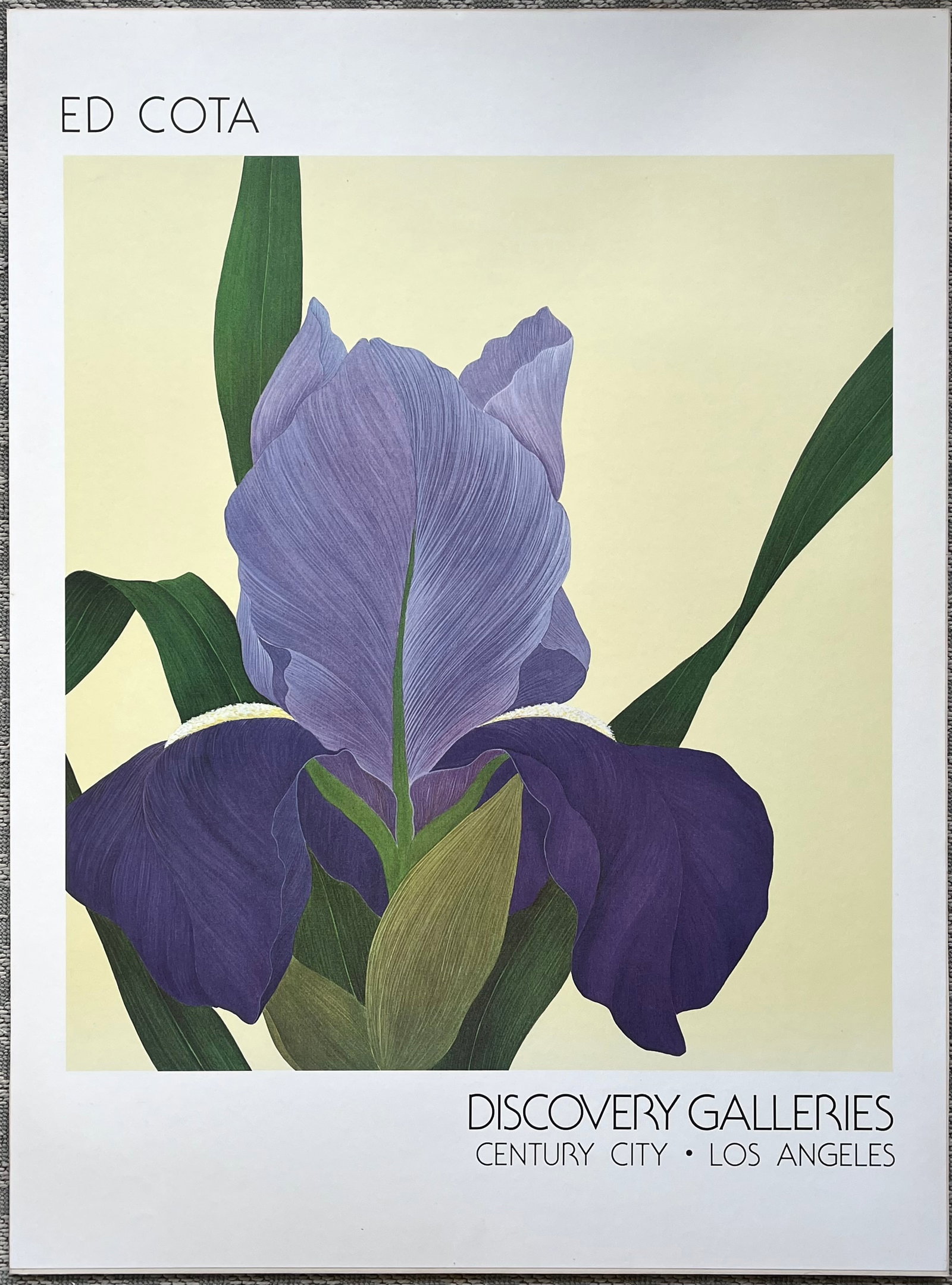 Ed Cota Iris Exhibition Poster – Discovery Galleries Century City, Los Angeles: Vintage Ed Cota exhibition poster from Discovery Galleries, Century City, Los Angeles. Features a striking purple iris flower against a soft background.• Measures 26” × 35”• Mou