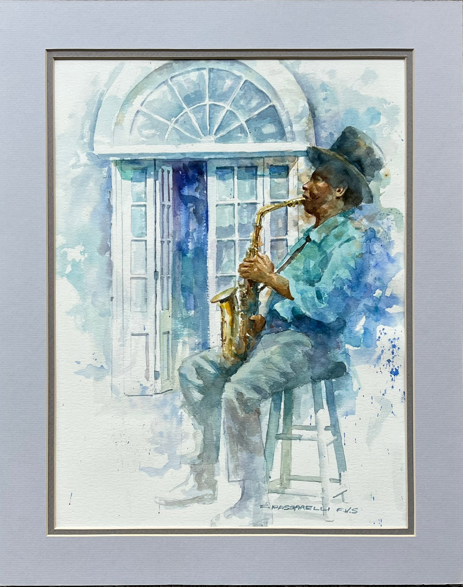 Original Watercolor – Jazz Saxophone Player – Signed E. Passarelli F.W.S. (1 of 3)