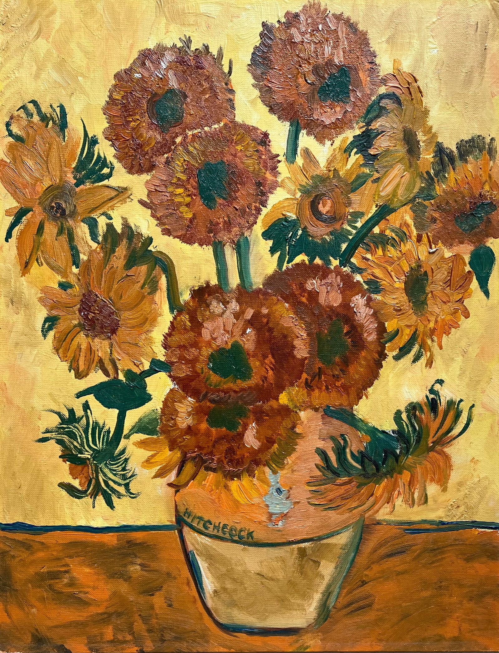 Vintage Oil Painting After Van Gogh Sunflowers Signed Hitchcock: Vintage original oil painting on Winsor & Newton canvas board (14” × 18”), signed Hitchcock.The artwork is an expressive mid-century study after Van Gogh’s famous Sunflowers, featuring 