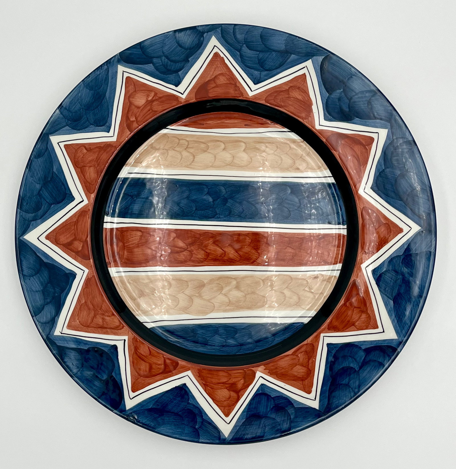Alcobaca Hand-Painted Portuguese Pottery (Earthenware) Charger 17.3: Rare Striking vintage Portuguese charger plate by RB Alcobaça, hand-painted with bold geometric and striped motifs.• Maker/Origin: RB Alcobaça, Made in Portugal (stamped)• Size: 17.3&rdquo