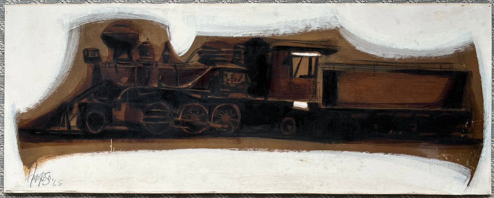Original Modernist Painting Amoroso ‘65 – Abstract Train Locomotive Railroad Art: Striking vintage modernist painting of a steam locomotive and tender, signed Amoroso ’65. The artist uses deep earth tones and bold brushwork, leaving areas of white ground exposed for a dramatic ef
