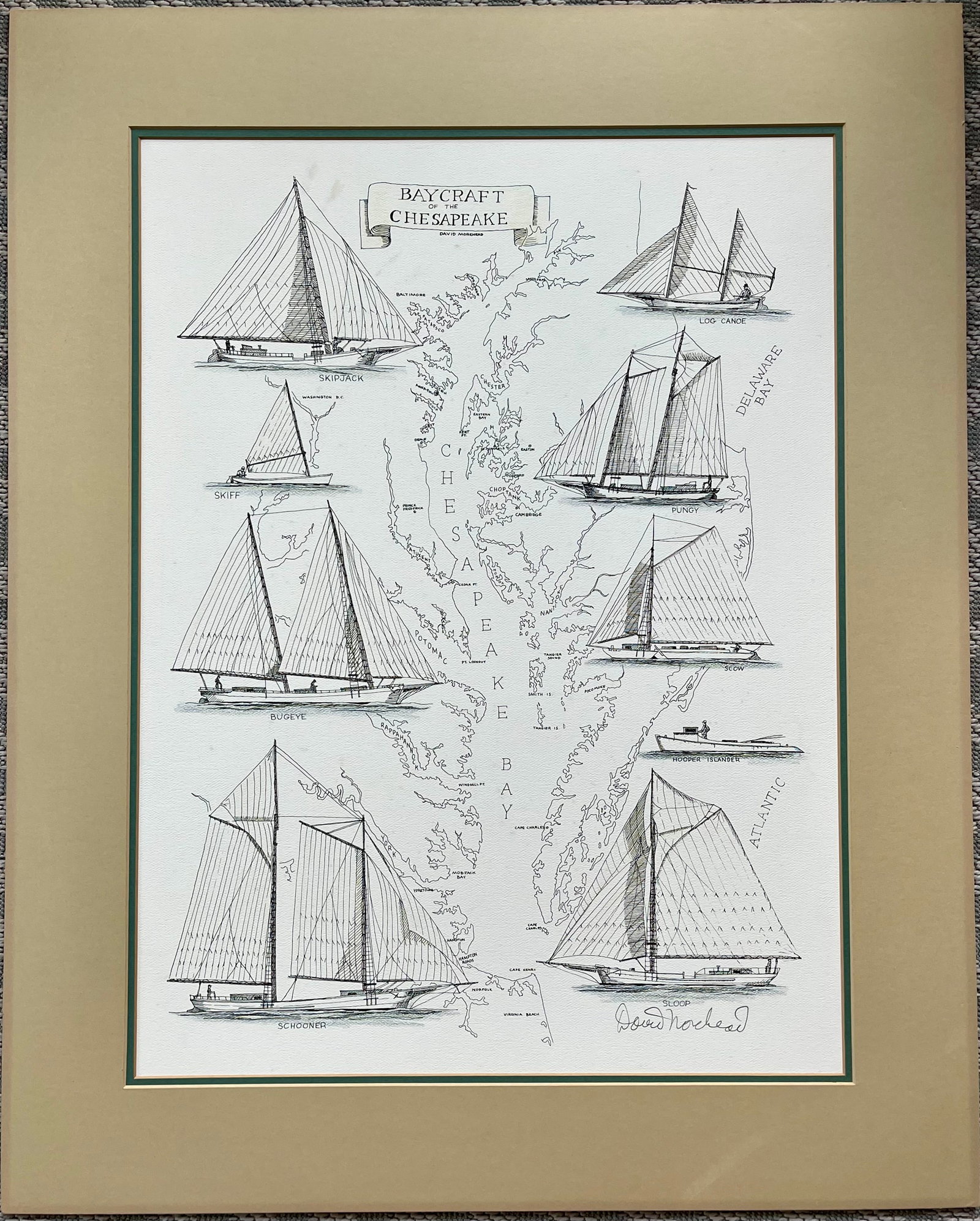 Baycraft of the Chesapeake by David Morehead Signed Nautical Print – Sailboats: Vintage signed print by David Morehead titled “Baycraft of the Chesapeake.” This detailed nautical artwork depicts traditional sailboats of the Chesapeake Bay, including the Skipjack, Schooner