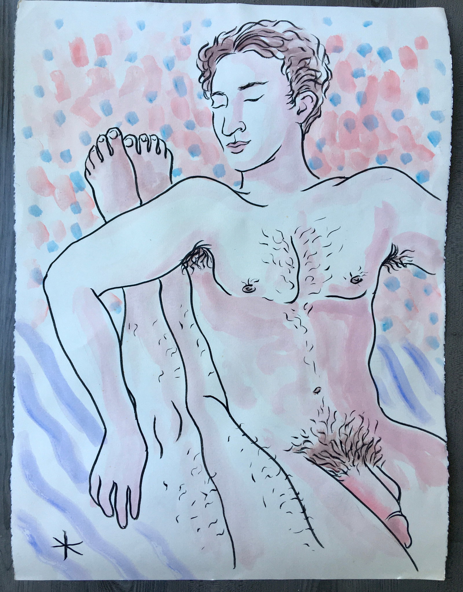 LARGE NAIVE DRAWING NUDE MALE: Large mixed media on paper nude male. Size: 30 X 22.5 inches. Unframed. SHIPPING IN THE U.S VIA USPS PRIORITY MAIL $20