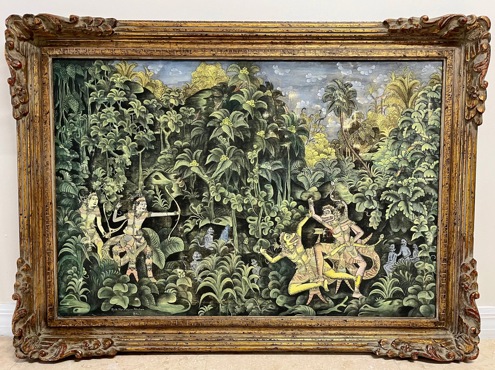 VINTAGE LARGE BALINESE PAINTING (WHITE LOTUS STYLE DECOR): Vintage Large Balinese Painting on Carved Wood Frame. Total Frame Size: 44 X 32 Inches Approx. Shipping In the U.S via FEDEX $200