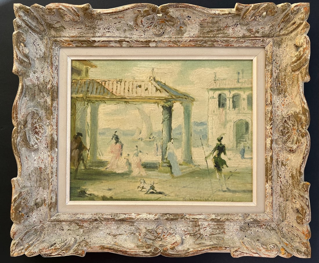 Montagu Framed Impressionist Italian Scene On Baroque Style Carved Wood Frame: Gorgeous Roderic Montagu Vintage Textured Repro. Carved wood frame. Total Frame Size: 20.5 X 17.5 inches approx. Painting Size: 13.2 X 10.2 inches approx. In very good condition. Shipping in The U.S V