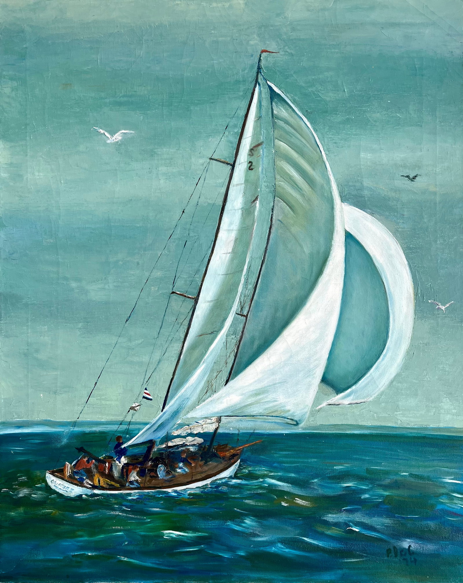 VINTAGE OIL ON CANVAS PAINTING SAILBOAT: ORIGINAL OIL ON CANVAS SIGNED LOWER RIGHT. SIZE: 24 X 30 INCHES APROX. SHIPPING IN THE U.S VIA USPS PRIORITY MAIL $30