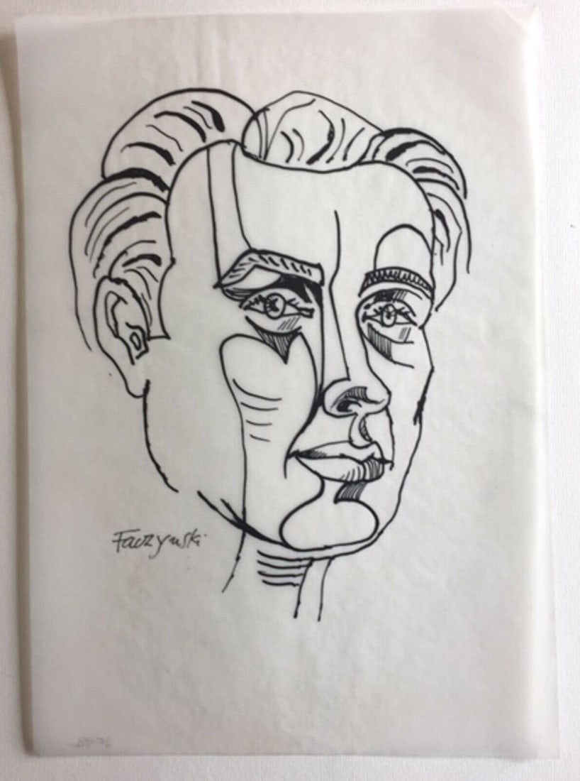 JERZY FACZYNSKI SELF PORTRAIT DRAWING: Jerzy Faczynski Self-Portrait, black ink, signed lower left. On vellum. Size: 11 5/8 X 8 inches. Unframed. SHIPPING IN THE U.S VIA USPS PRIORITY MAIL $15. Jerzy Faczynski was born in Poland in 1917 to