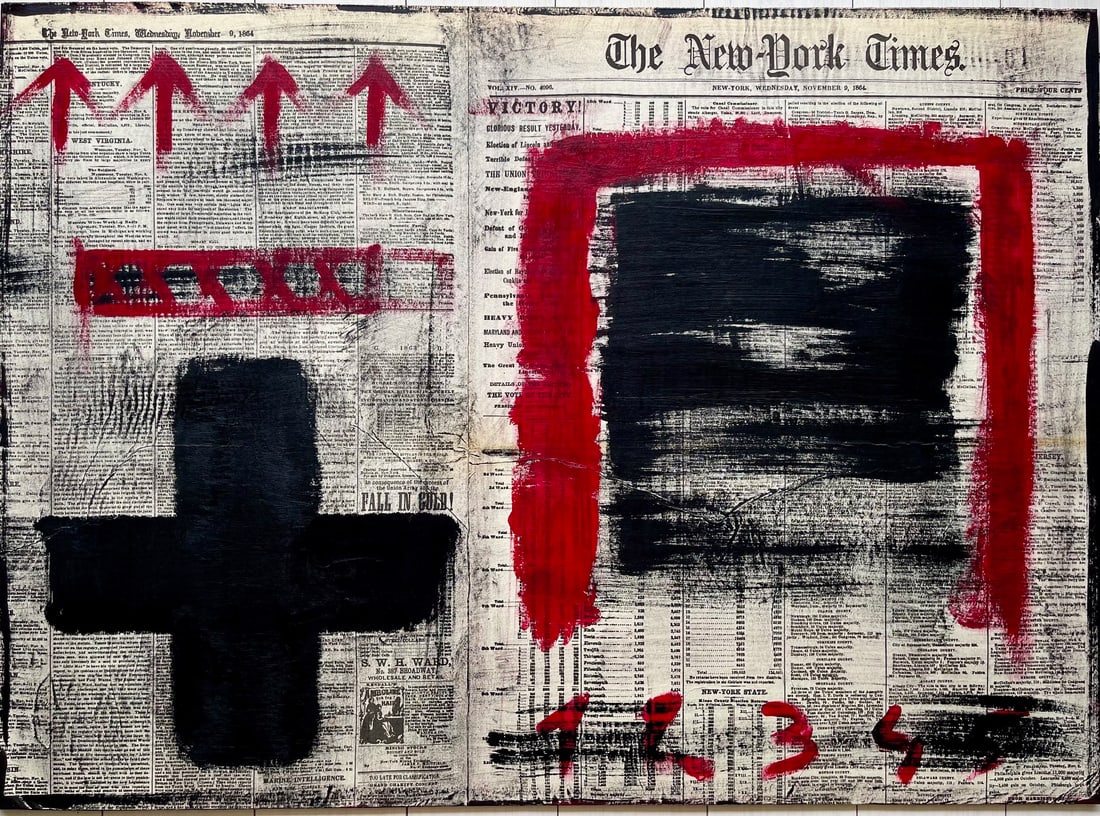 MIXED MEDIA OUTSIDER ART: MIDCENTURY OUTSIDER ART PAINTING. MIXED MEDIA ON ANTIQUE NEWSPAPER, MASONITE. UNFRAMED. SIZE: 28.5 X 21 INCHES APPROX. SHIPPING IN THE U.S VIA USPS PRIORITY MAIL $25