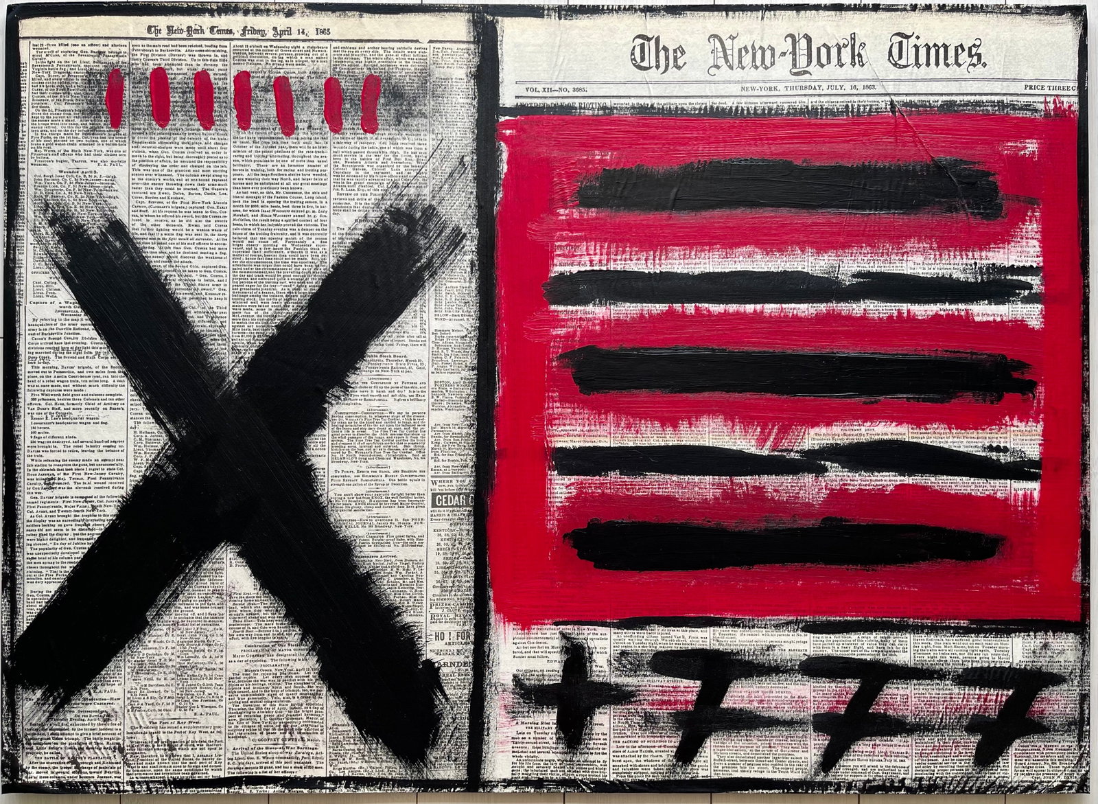 MIXED MEDIA OUTSIDER ART: MIDCENTURY OUTSIDER ART PAINTING. MIXED MEDIA ON ANTIQUE NEWSPAPER, MASONITE. UNFRAMED. SIZE: 28.5 X 21 INCHES APPROX. SHIPPING IN THE U.S VIA USPS PRIORITY MAIL $25