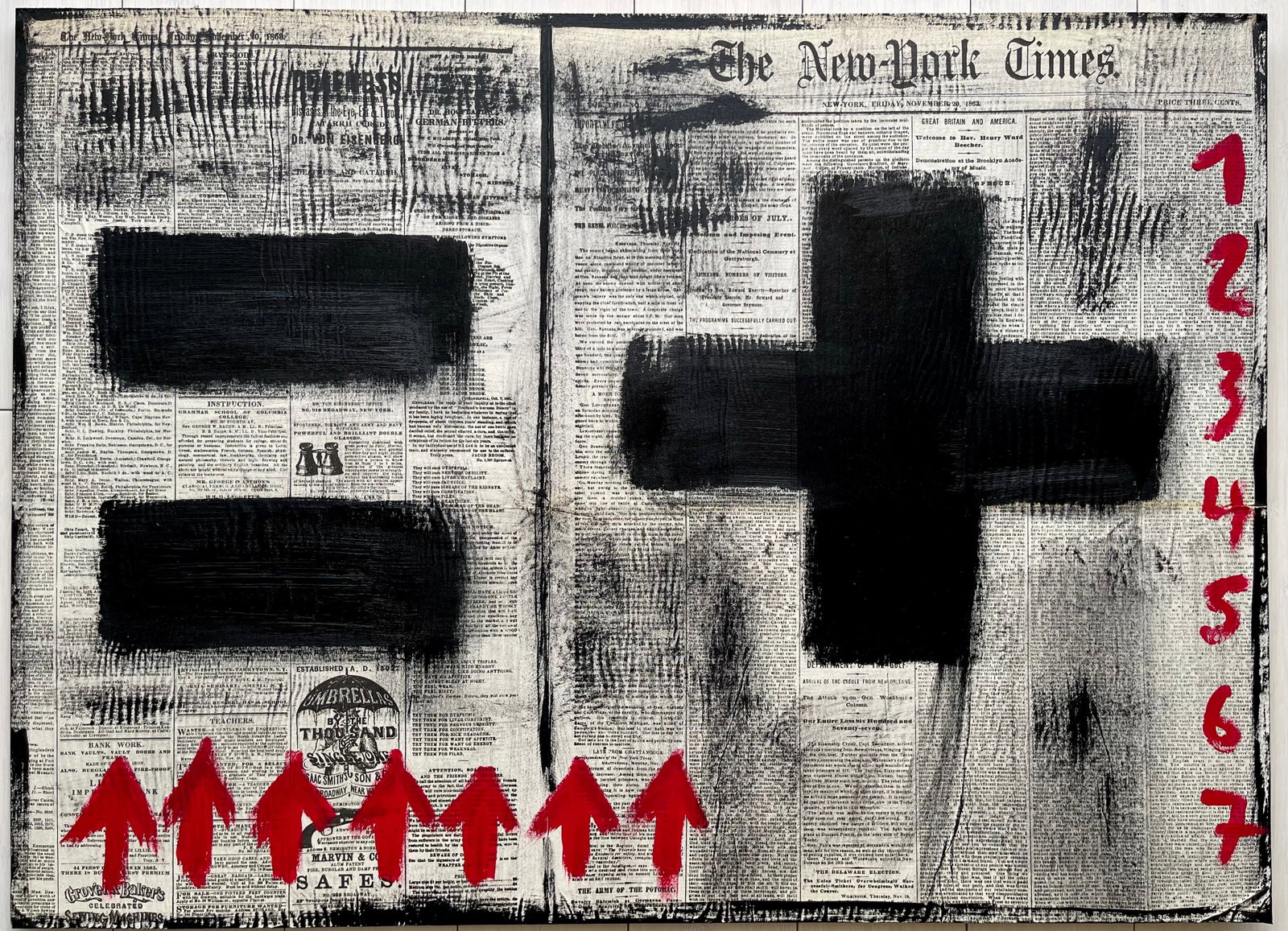 MIXED MEDIA OUTSIDER ART: MIDCENTURY OUTSIDER ART PAINTING. MIXED MEDIA ON ANTIQUE NEWSPAPER, MASONITE. UNFRAMED. SIZE: 28.5 X 21 INCHES APPROX. SHIPPING IN THE U.S VIA USPS PRIORITY MAIL $25