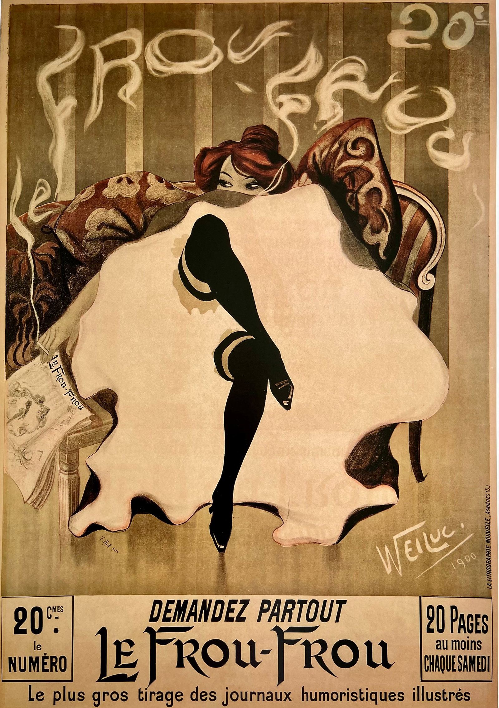 Lucien Henri Weil " WEILUC" Le Frou Frou French Vintage Poster, Wall Art 1990s: A fine vintage reproduction of Le Frou Frou French poster originally created by WEILUC (Lucien-Henri Weil, 1873-1947). Le "Frou Frou", which in French means frilly or fancy, was made in 1900 and is co