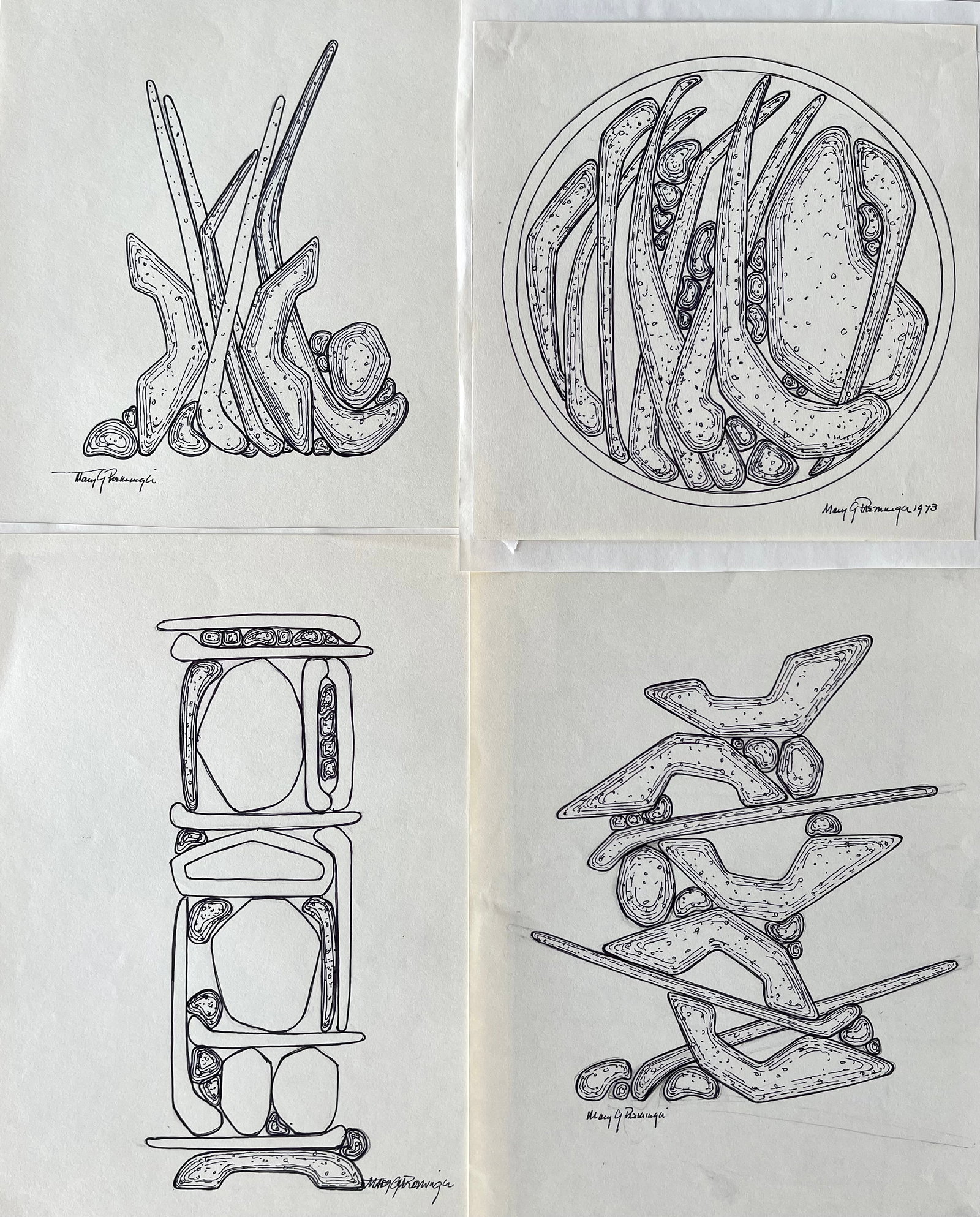 LOT OF 4 MID CENTURY MODERN MINIMALIST DRAWINGS MARY PREMINGER: Lot of 4 Original Mary Preminger Ink on Paper. Drawing Size: 9x12 inches, 8.5X9 inches. Unframed. SHIPPING IN THE U.S VIA USPS PRIORITY MAIL $15
