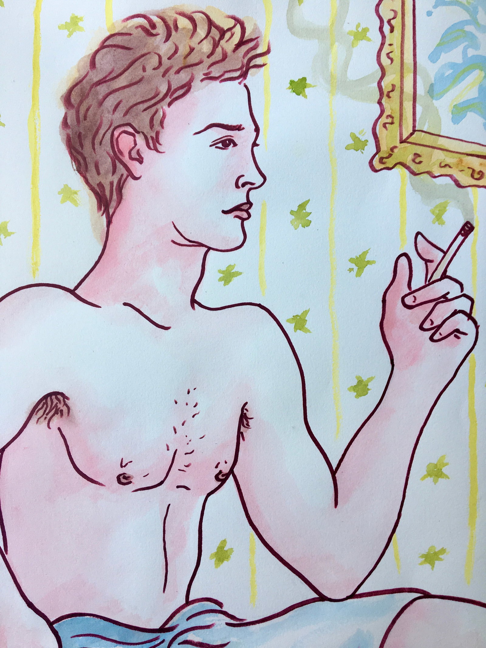 MALE NUDE MIXED MEDIA NAIVE PAINTING ON PAPER: Large mixed media on paper nude male. Size: 30.5 X 21 inches. Unframed. SHIPPING IN THE U.S VIA USPS PRIORITY MAIL $25