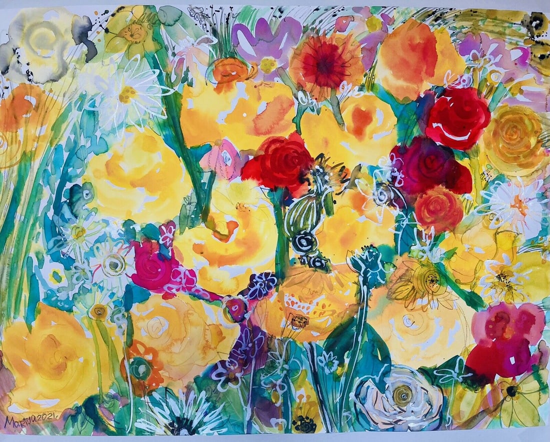 ORIGINAL LARGE WATERCOLOR PAINTING FLOWERS: Original watercolor. Size: 18 X 24 inches. Unframed. SHIPPING IN THE U.S VIA USPS PRIORITY MAIL $20