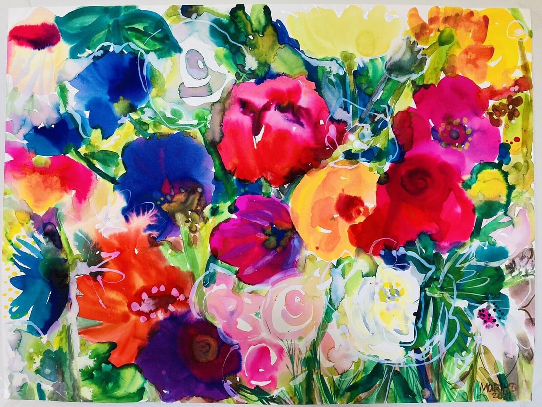 ORIGINAL LARGE WATERCOLOR PAINTING FLOWERS: Original watercolor. Size: 18 X 24 inches. Unframed. SHIPPING IN THE U.S VIA USPS PRIORITY MAIL $20