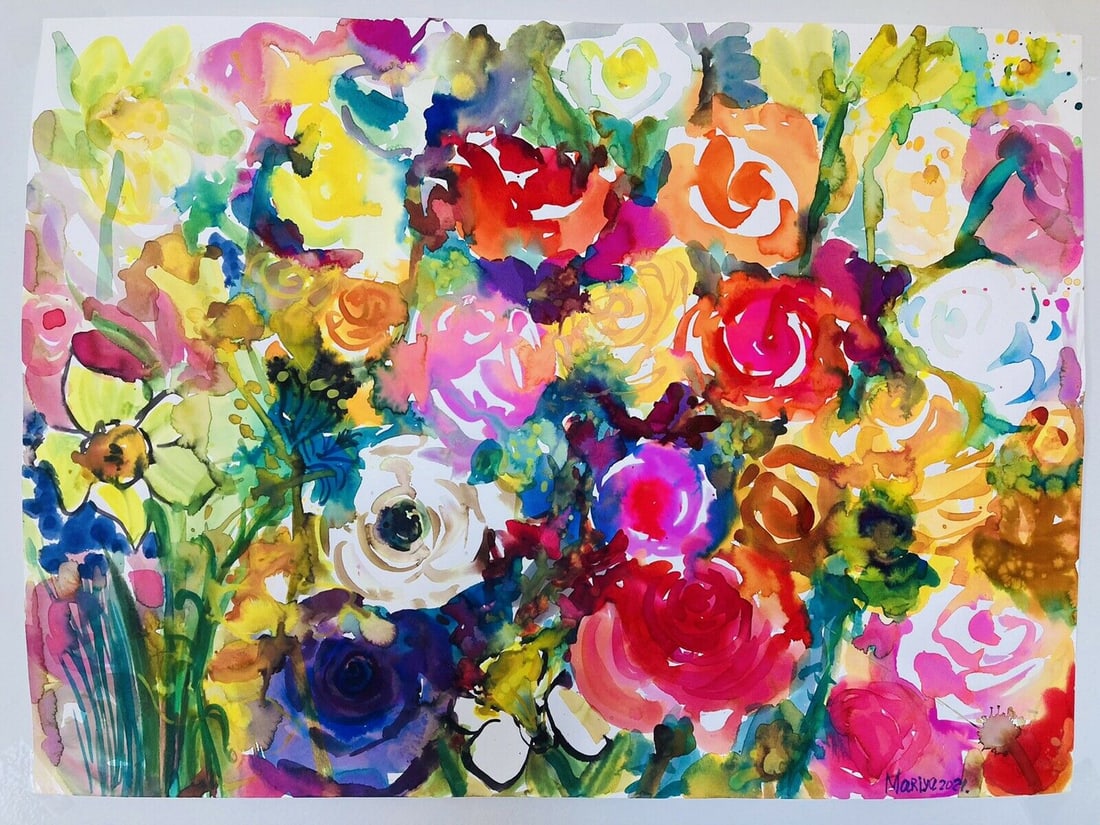 ORIGINAL LARGE WATERCOLOR PAINTING FLOWERS: Original watercolor. Size: 18 X 24 inches. Unframed. SHIPPING IN THE U.S VIA USPS PRIORITY MAIL $20
