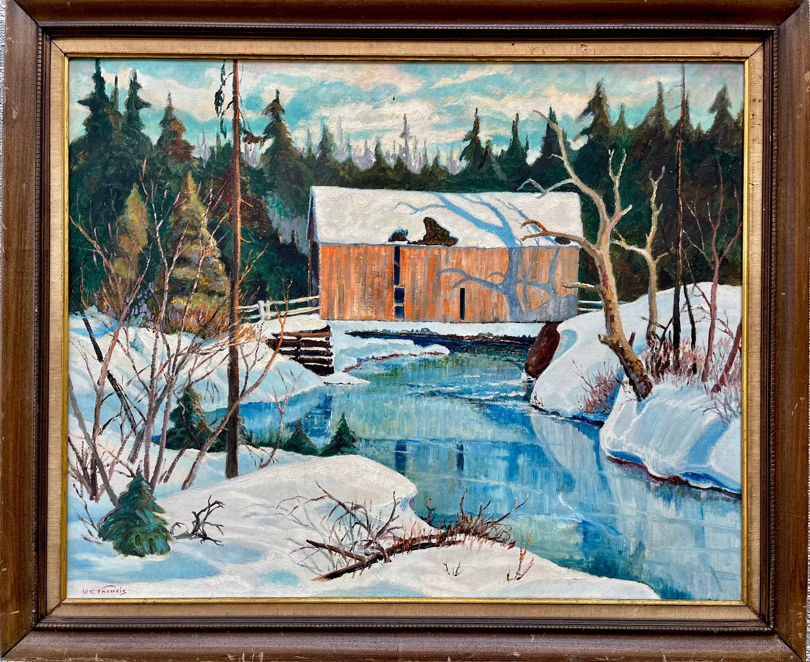 Original Antique Winter Landscape Painting: ORIGINAL ANTIQUE OIL ON CANVAS PAINTING. Total frame size: 34.5 x 28.5 inches approx. Painting Size: 30x 24 inches approx. SHIPPING IN THE U.S VIA USPS PRIORITY MAIL $50