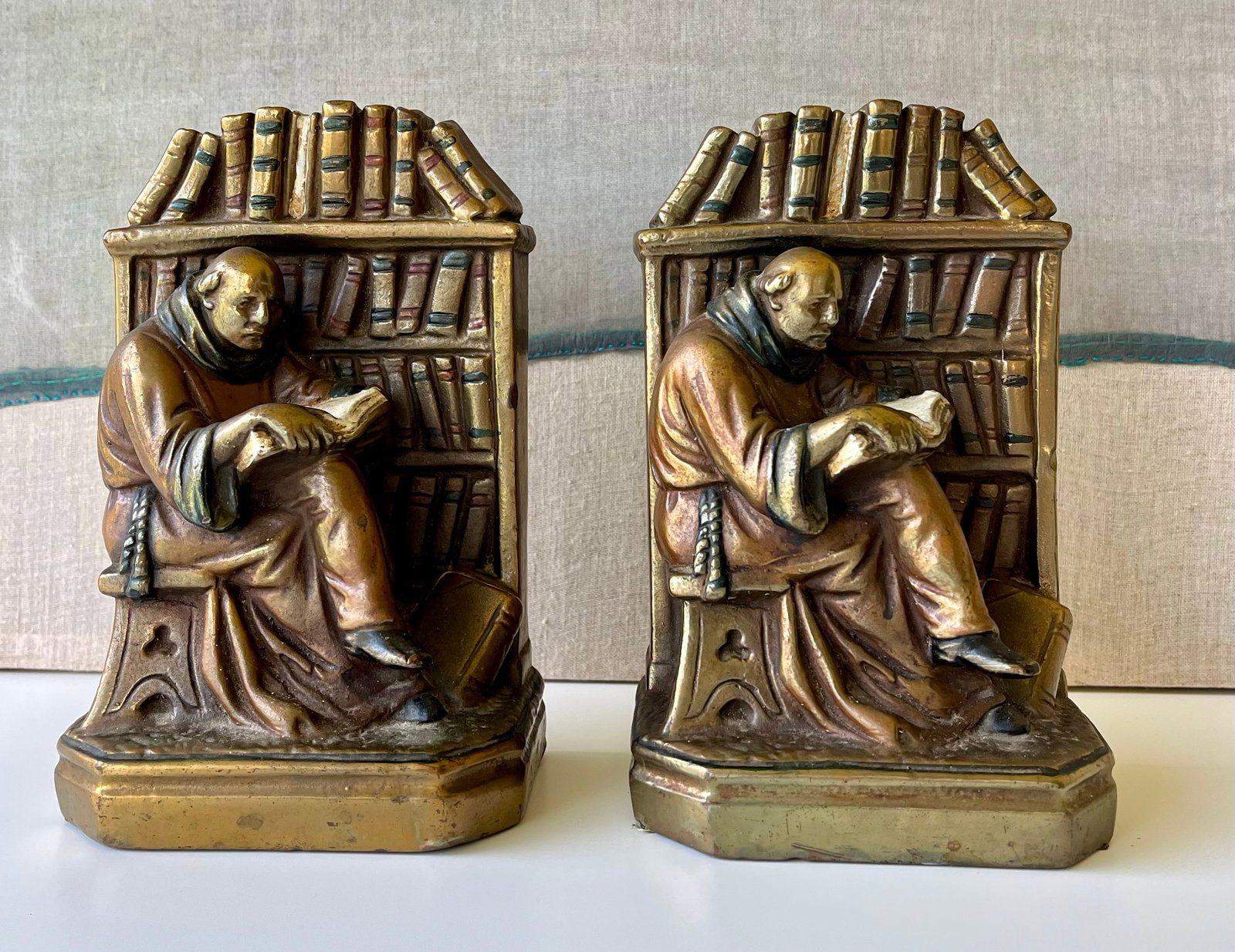 ANTIQUE Pair of Armor Bronze Monk in Library Bookends - early 20th century (1 of 7)