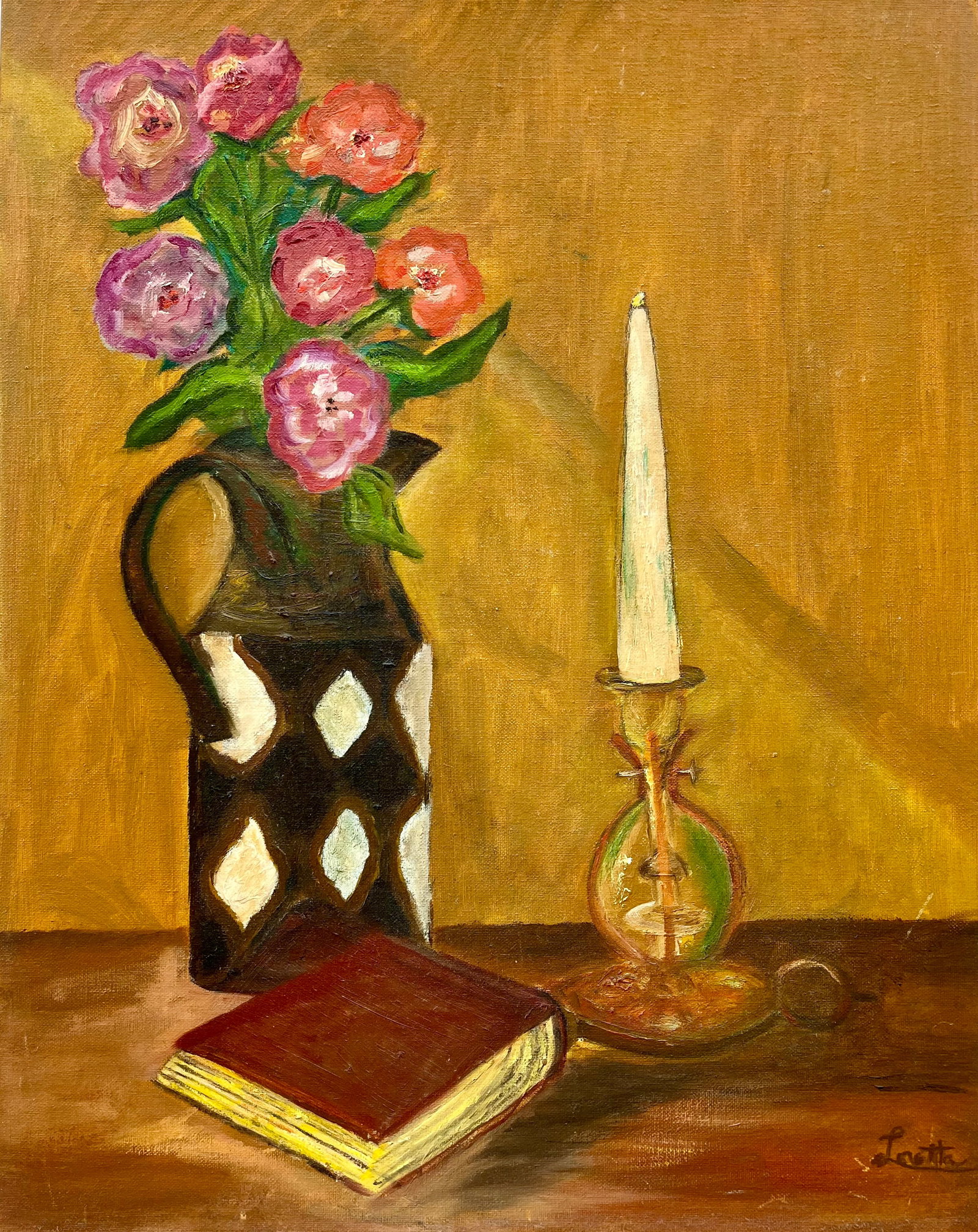 Original Vintage Still Life Painting: Oil painting on canvas board. Size: 16x20 Inches Approx. UNFRAMED. Signed Loretta ‘81. SHIPPING IN THE U.S VIA USPS PRIORITY MAIL $25