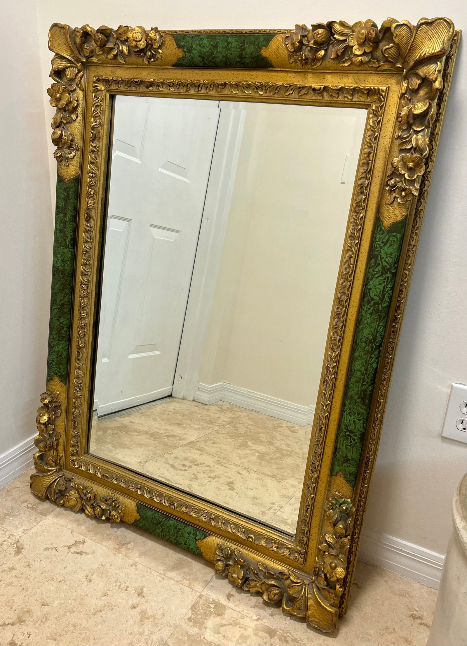 Large Ornate Frame Gold And Green Carved Mirror Baroque: Impressive Ornate green and gold color mirror. Total size: 33 X 45 inches. Heavy. Free local pick up in Vero Beach. We can deliver to Miami, West Palm Beach, Naples and Orlando area for $160.
