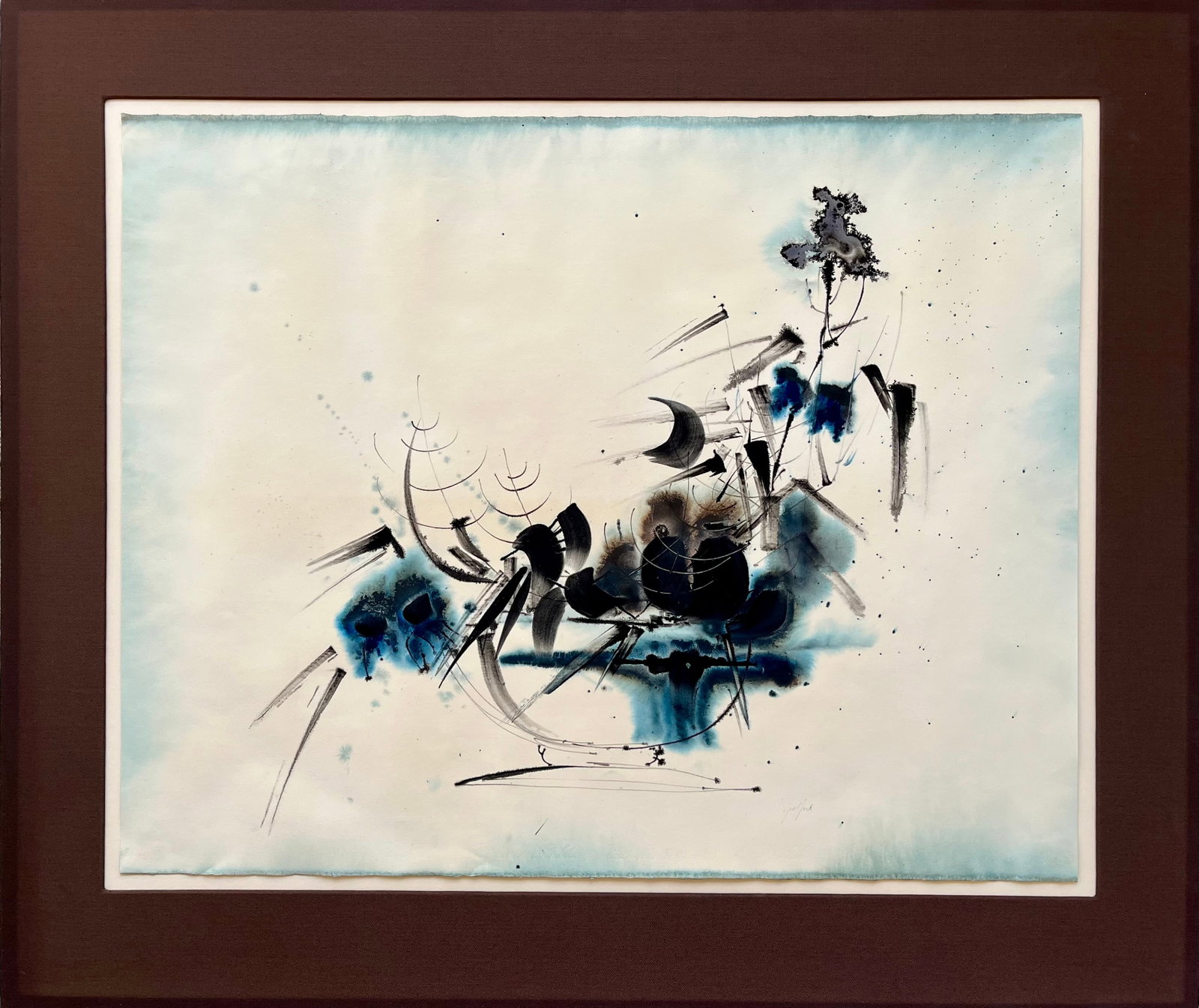 Large Original Midcentury Abstract Watercolor And Ink Painting: Original Vintage Painting Style is Similar to Georges Mathieu. Watercolor and Ink on Paper, Matted, no frame. Painting size 27.5 X 22 Inches Approx. Mat Size: 35 x 29.5 Inches Approx SHIPPING IN THE U