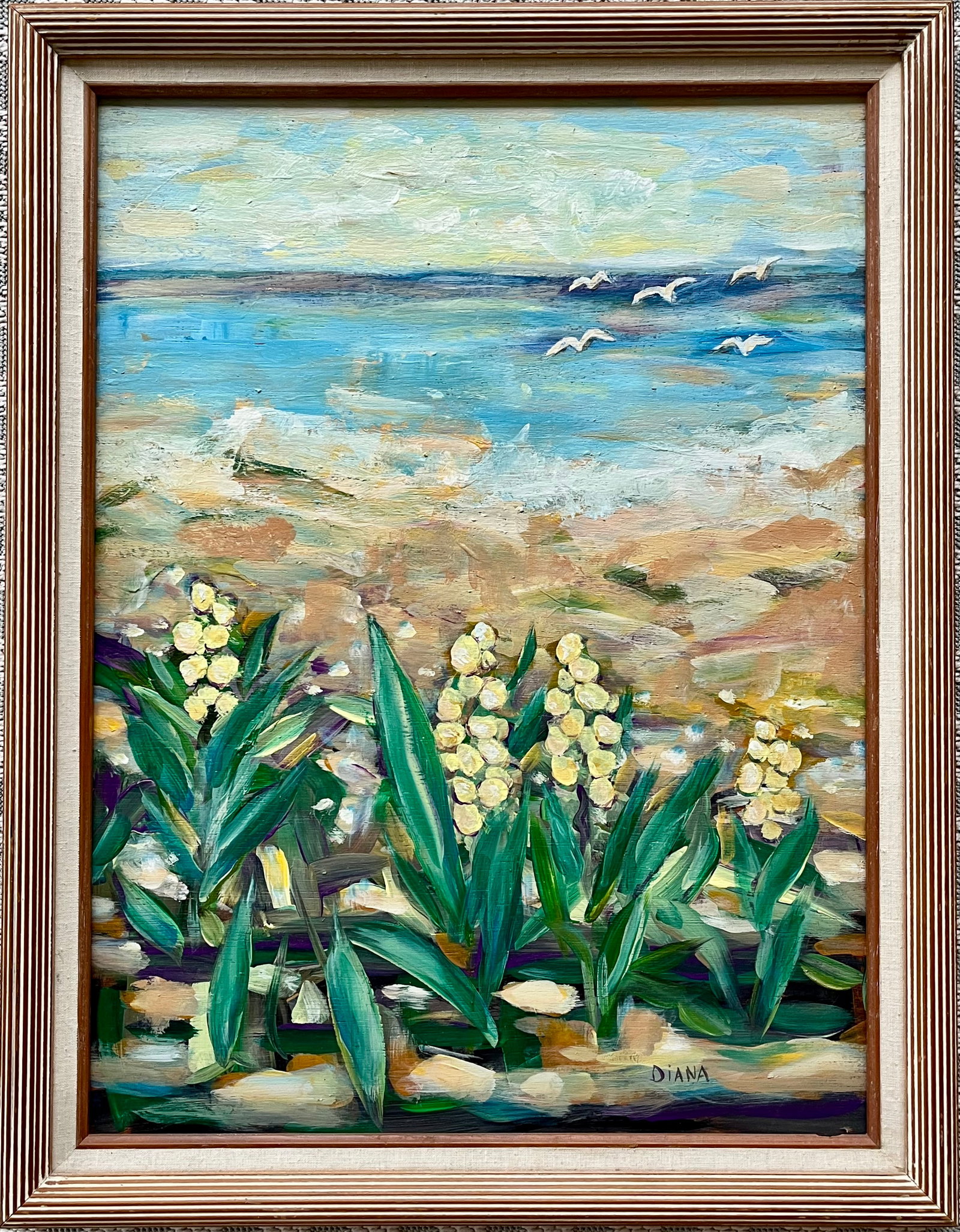 ORIGINAL VINTAGE SEASCAPE OIL PAINTING SIGNED DIANA: Original Vintage Oil Painting on Board. Total Frame Size: 27 X 21 Inches Approximately. Painting Size: 17 X 23.5 Inches Approx. Shipping in The U.S via USPS Priority Mail $45