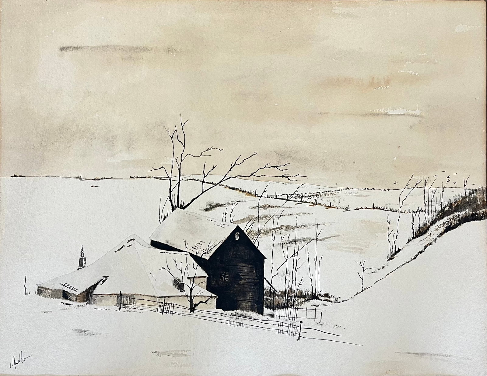 ORIGINAL VINTAGE WATERCOLOR AFTER ANDREW WYETH "THE CORNER": ORIGINAL VINTAGE WATERCOLOR MADE AFTER ANDREW WYETH PAINTING "THE CORNER". SIZE: 19X24 INCHES APPROX. SIGNED LOWER LEFT "MUELLER"? UNFRAMED. SHIPPING IN THE U.S VIA USPS PRIORITY MAIL. $25
