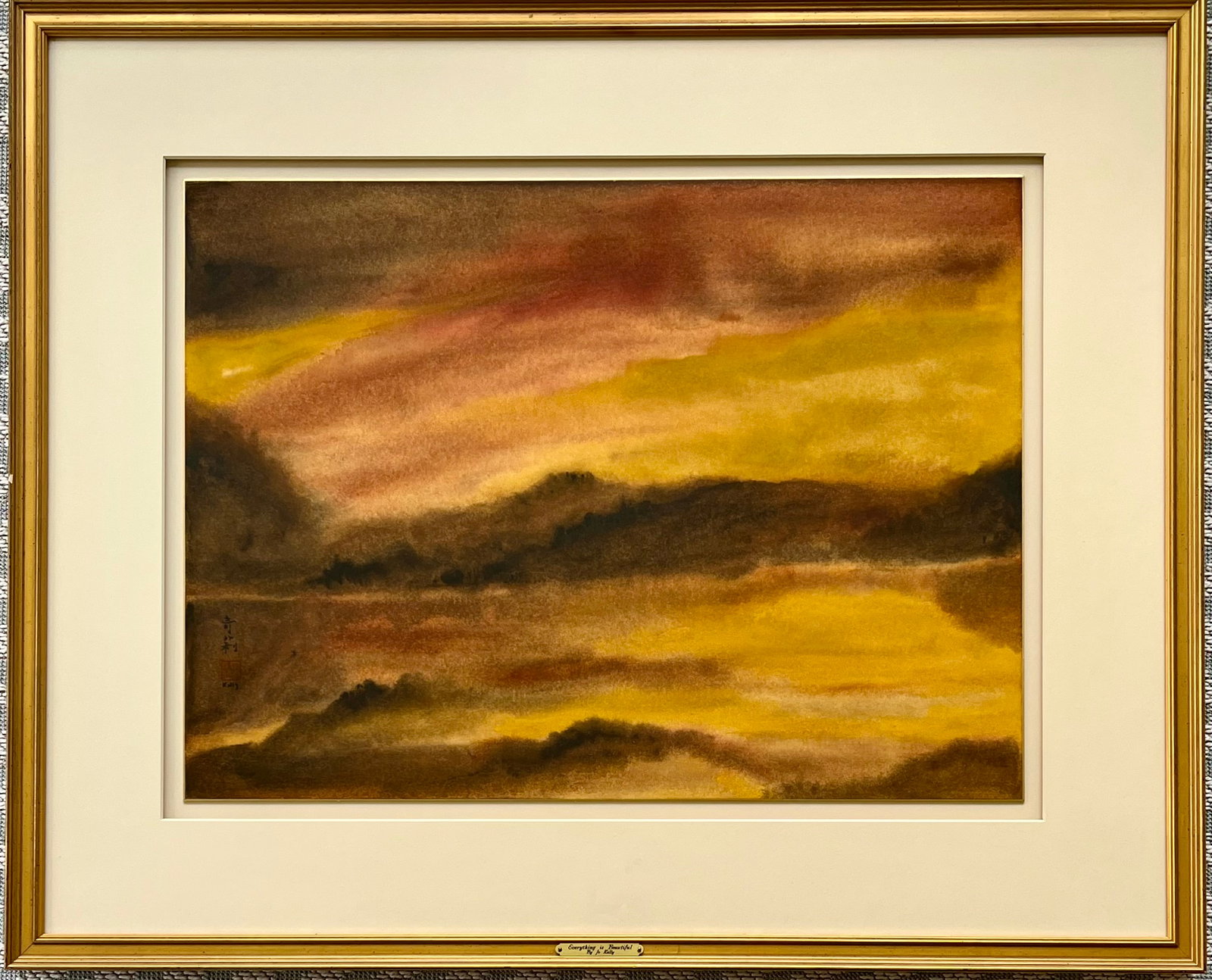 MID-CENTURY ORIGINAL WATERCOLOR JO KELLY "EVERYTHING IS BEAUTIFUL": ORIGINAL FRAMED WATERCOLOR BY JO KELLY (New York, 20th-Century). FRAME SIZE: 27.5 X 33.5 INCHES APPROX. WATERCOLOR SIZE: 17.5 X 23.5 INCHES APPROX. SHIPPING IN THE U.S VIA USPS PRIORITY MAIL $60.