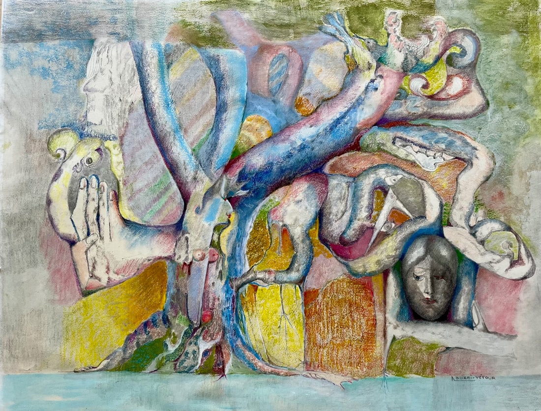 FRENCH SURREALIST PASTEL ON PAPER NADINE BOERI-VEFOUR: ORIGINAL PASTEL ON PAPER NADINE BOERI-VEFOUR SIZE: 19.5 X 25.5 INCHES APPROX. UNFRAMED. SIGNED LOWER RIGHT. SHIPPING IN THE U.S VIA USPS PRIORITY MAIL $25