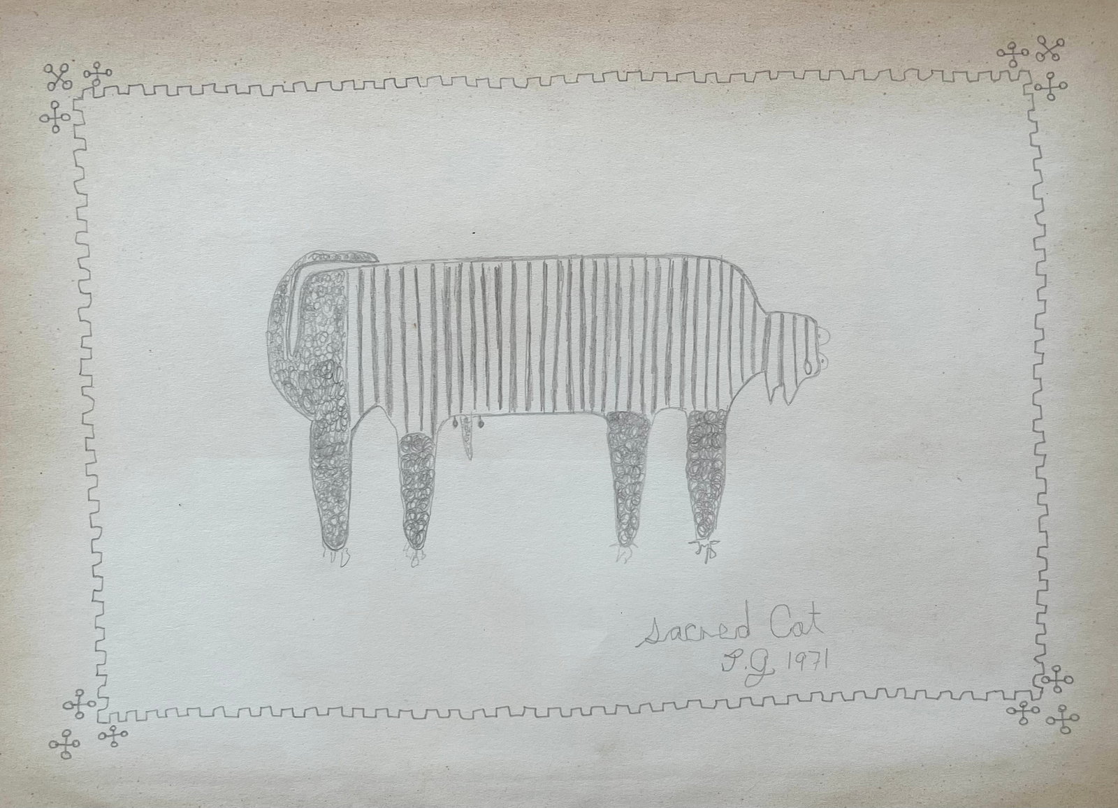 FOLK ART GRAPHITE ON PAPER DRAWING "SACRED CAT": SIZE: 13 X 9.5 INCHES APPROX. DRAWING IS UNFRAMED. SHIPPING IN THE U.S VIA USPS PRIORITY MAIL $18