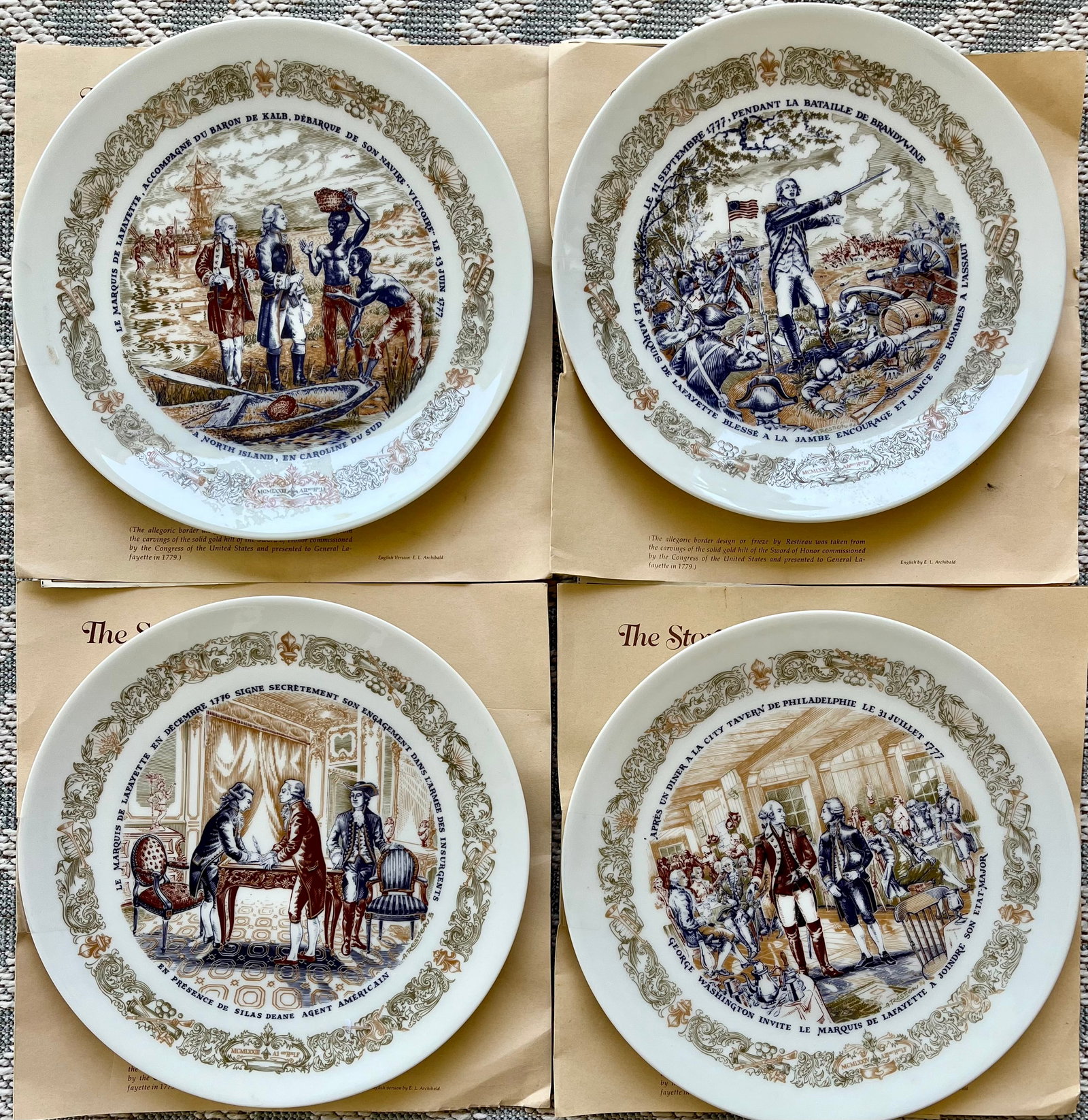 SET OF 5 LIMOGES LAFAYETTE LEGACY COLLECTION PORCELAIN PLATES: Five Porcelain Limoges Plates Of The Lafayette Legacy Collection. Commemorating The Bicentennial of The United States. This exquisite porcelain collector plates set is from Limoges, France. Plates are