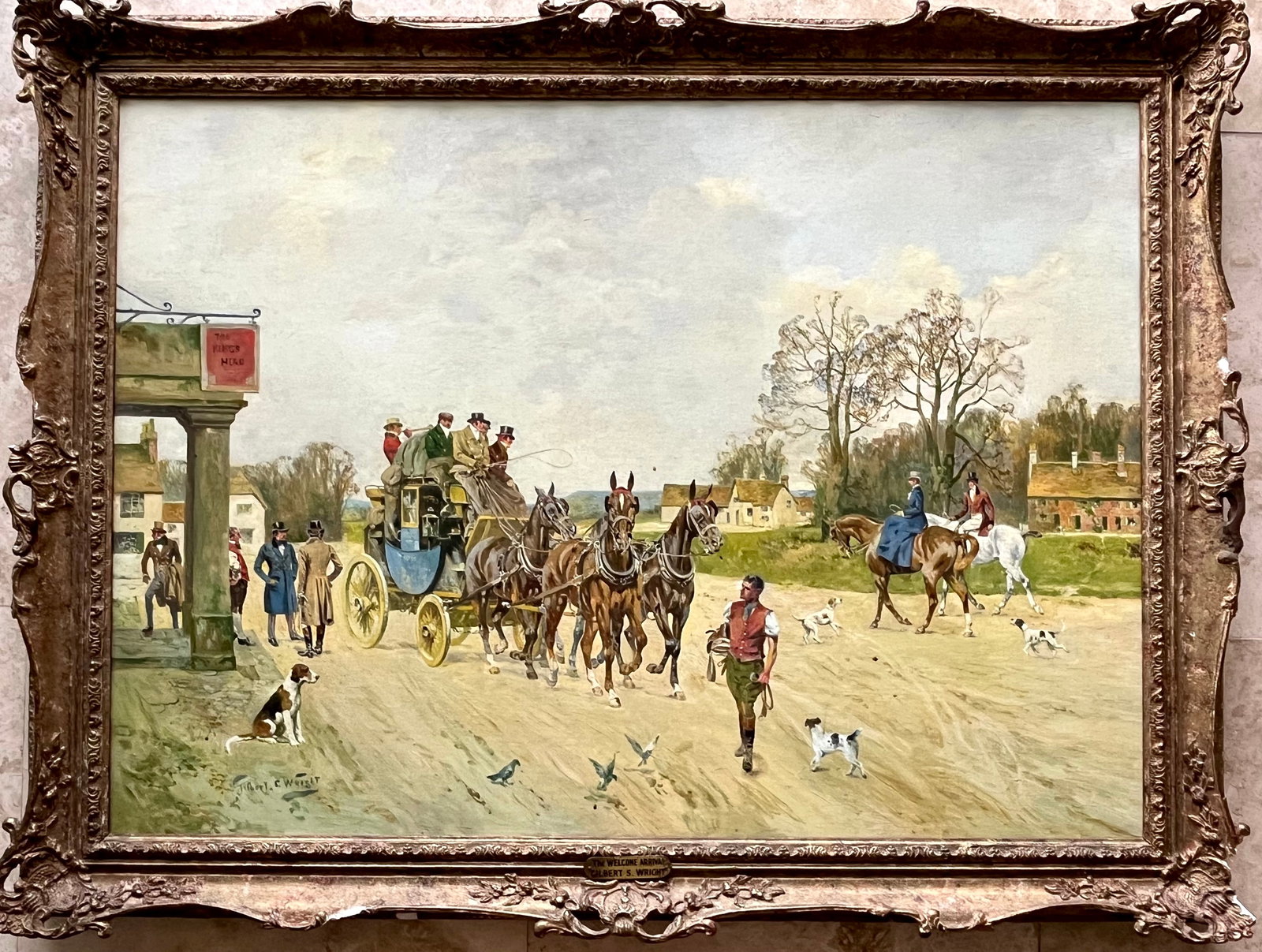 ANTIQUE EQUESTRIAN PAINTING "THE WELCOME ARRIVAL" GILBERT SCOTT WRIGHT (BRITISH 1880-1958): Gilbert Scott Wright (Britain, 1880-1958) oil on canvas "THE WELCOME ARRIVAL". SIGNED LOWER LEFT. PAINTING SIZE: 26 X 36 INCHES APPROX. FRAME SIZE: 41 X 31 INCHES APPROX. Shipping Via FEDEX $250