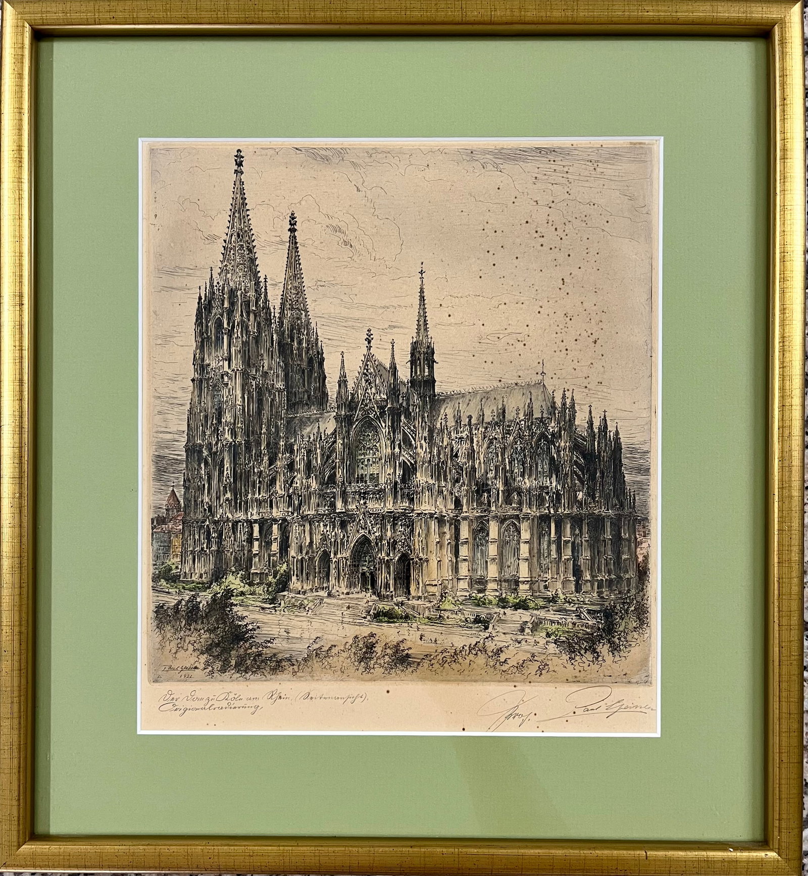 PAUL GEISSLER ETCHING COLOGNE CATHEDRAL GERMANY: SIGNED PAUL GEISSLER ETCHING COLOGNE CATHEDRAL. FRAME SIZE: 15.5 X 14.5 INCHES. SHIPPING IN THE U.S VIA USPS PRIORITY MAIL $30.