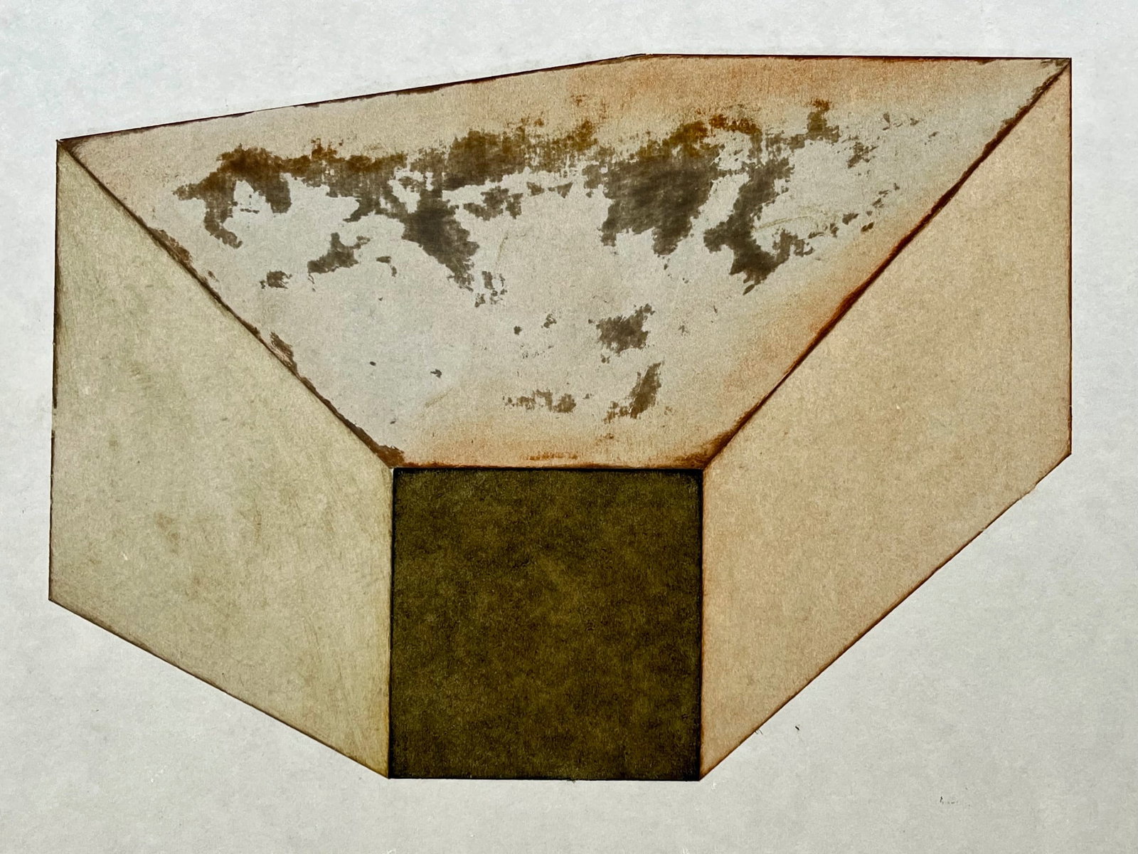 VINTAGE GEOMETRIC MINIMALIST PAINTING: Vintage abstract oil painting on cardboard featuring a geometric, architectural composition in earthy tones. Minimalist, mid-century modern aesthetic. Unframed. Approx. 11.7 x 9 inches. SHIPPING IN TH