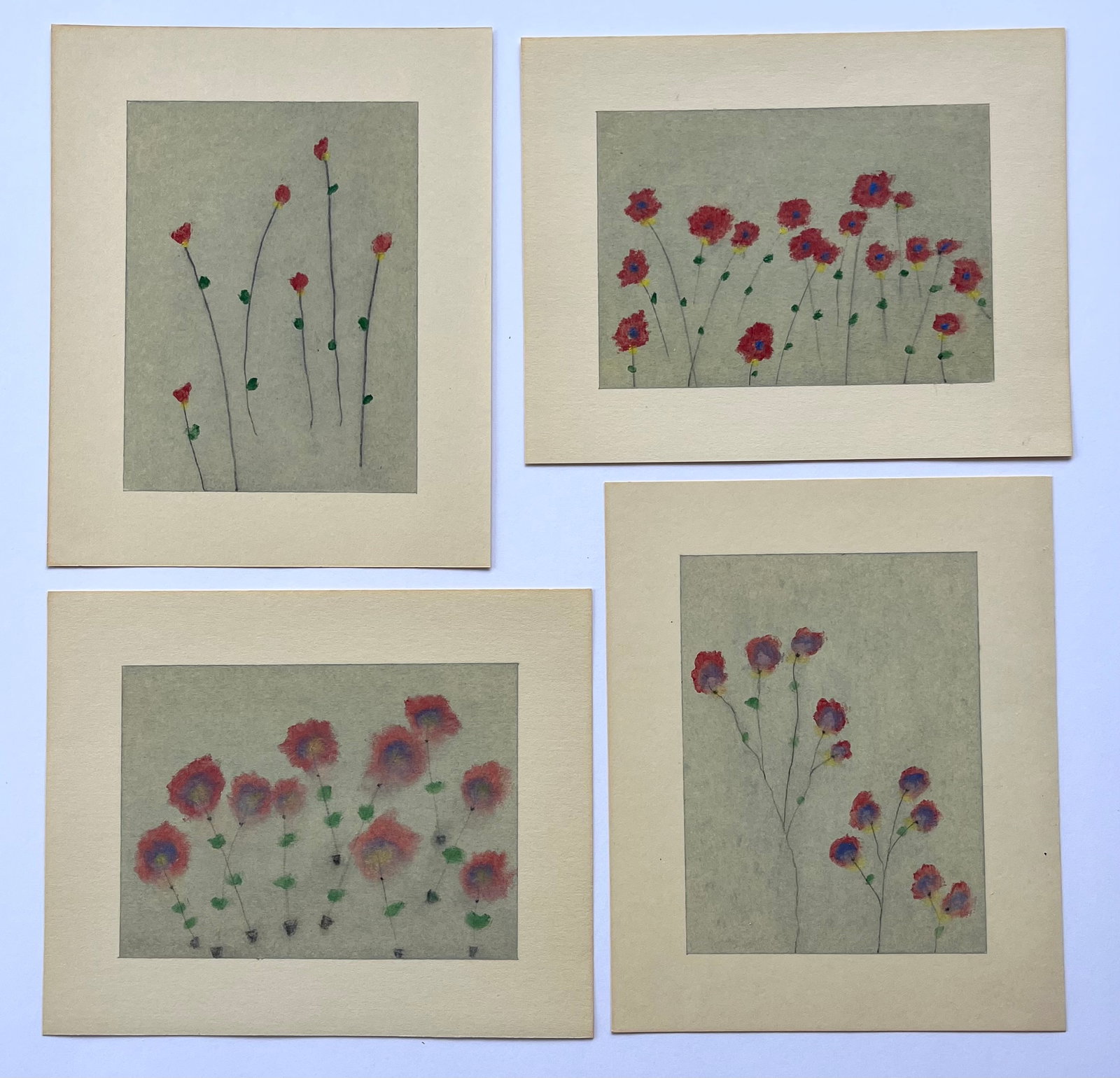 LOT OF 4 FRENCH NAIVE FLOWERS DRAWINGS OIL ON PAPER: SET OF 4 DRAWINGS. SIZE: 7 X 5.7 inches approx. Unframed. SHIPPING IN THE U.S VIA USPS PRIORITY MAIL $12
