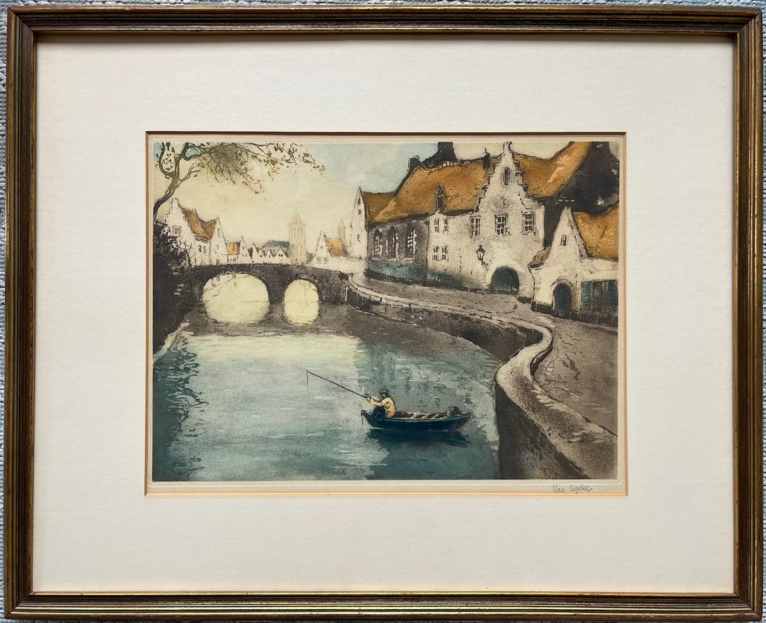 Vintage Pencil Signed Bruges Canal Scene Print European Landscape Art Fishing Man: Vintage framed European canal scene print depicting Bruges-style architecture and bridge, signed in pencil lower right “Van Eyck.”? Framed size approx. 21” x 17”. GLASS REMOVED NO 