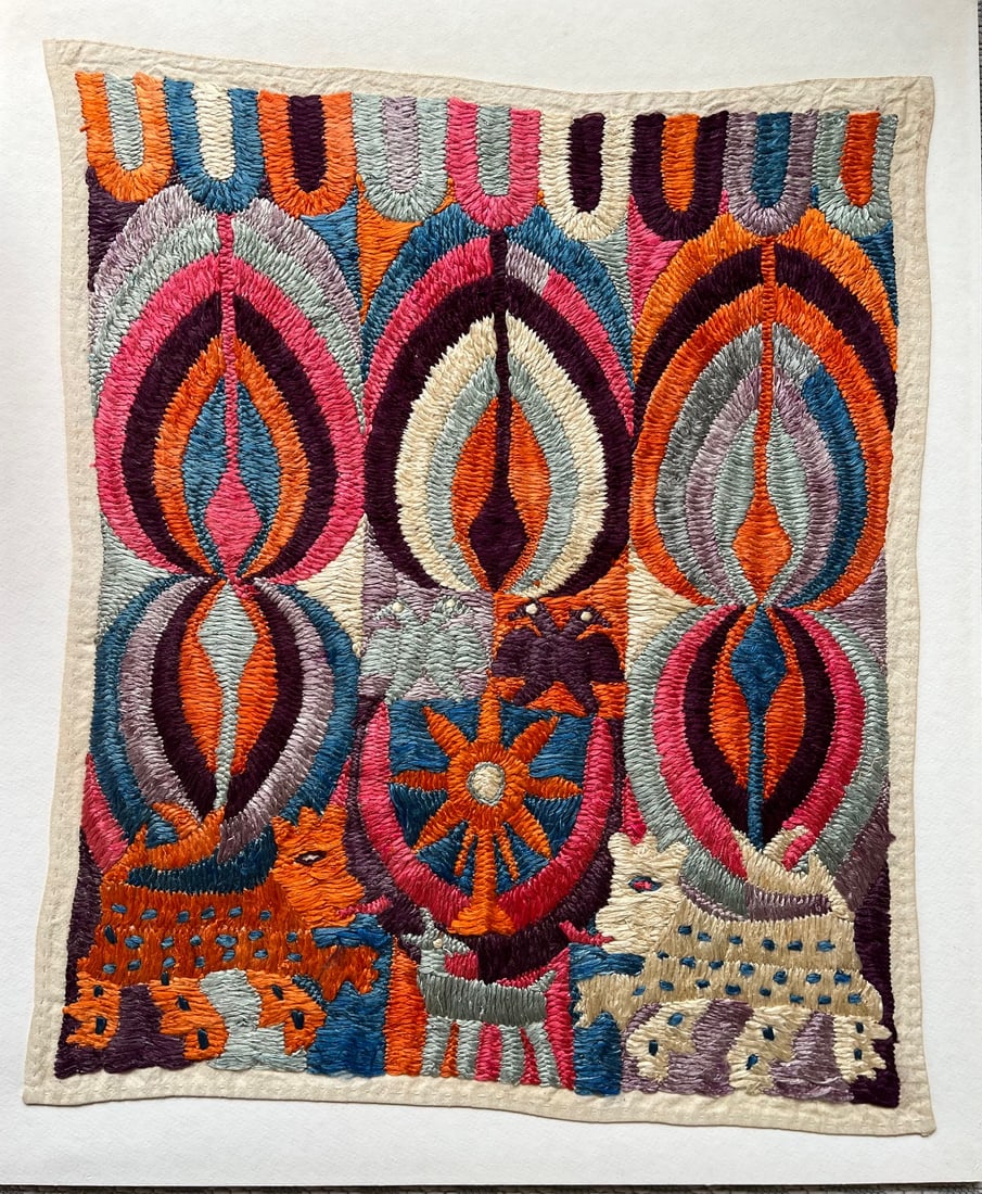 Hand Embroidered Textile Folk Art Ethnic: Vintage Handmade Embroidered Textile Folk Art removed from frame and sold unframed with original backing mat included. Fabric artwork measures approximately 17.5” x 21” and is lightly glue