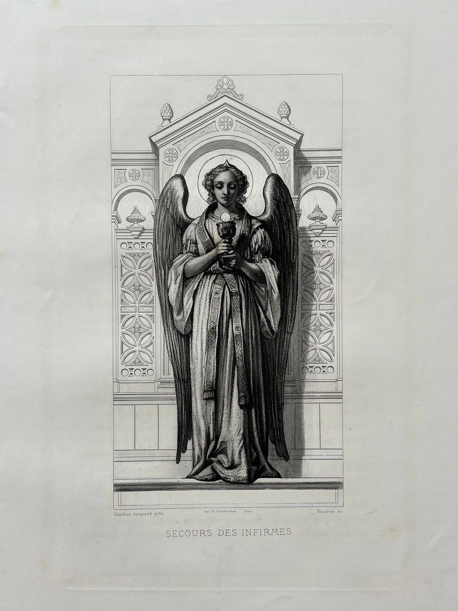 Antique French Religious Etching After Claudius Jacquand Angel Relief of the Infirm: Original Antique Etching. Printed in France. Thick paper. Size: 18.5 X 12 inches approx. UNFRAMED. Age toning, foxing, edge roughness, refer to pictures for details. SHIPPING IN THE U.S VIA USPS PRIOR