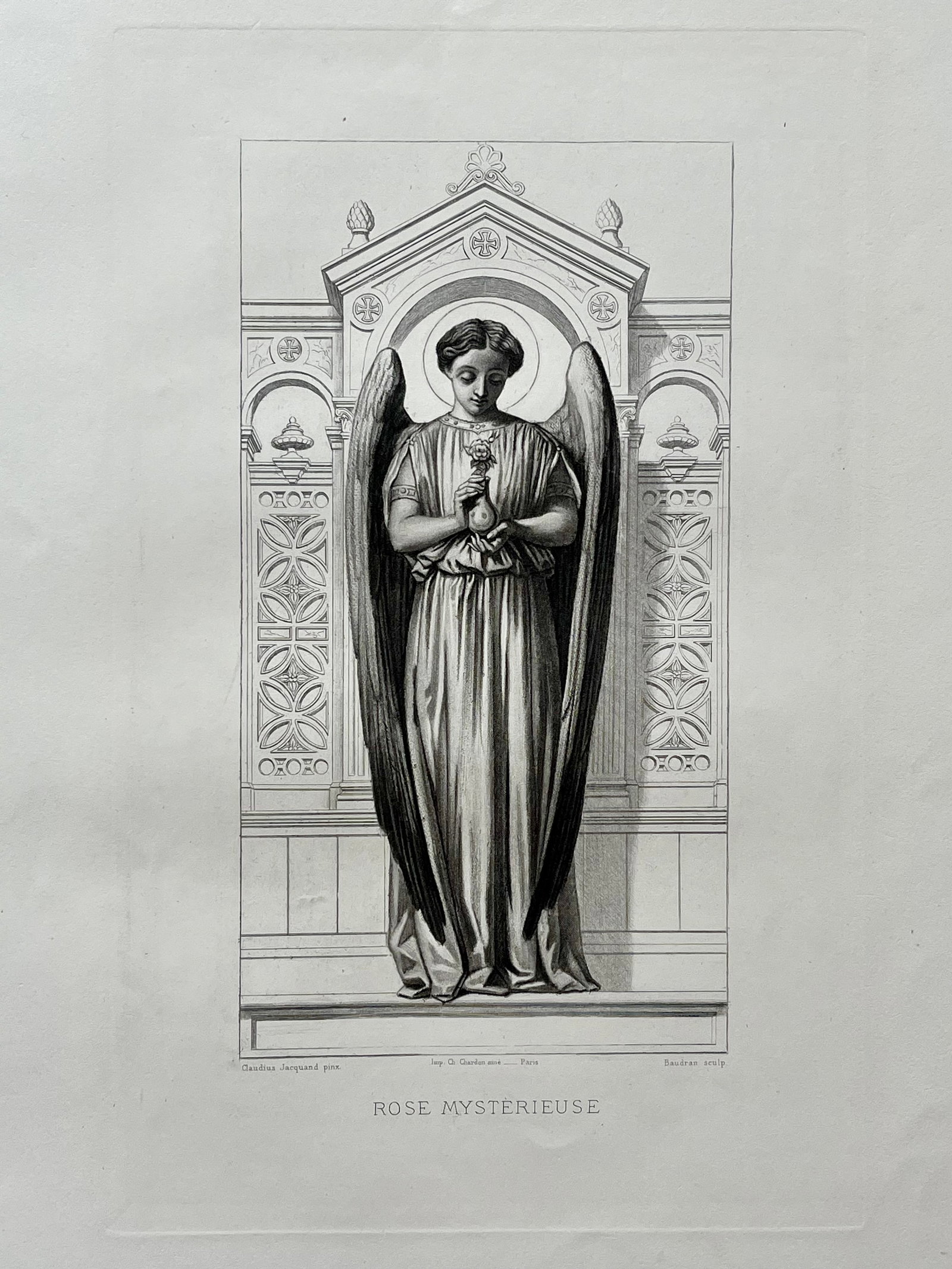Antique French Religious Etching After Claudius Jacquand Angel Mysterious Rose: Original Antique Etching. Printed in France. Thick paper. Size: 18.5 X 12 inches approx. UNFRAMED. Age toning, foxing, edge roughness, refer to pictures for details. SHIPPING IN THE U.S VIA USPS PRIOR