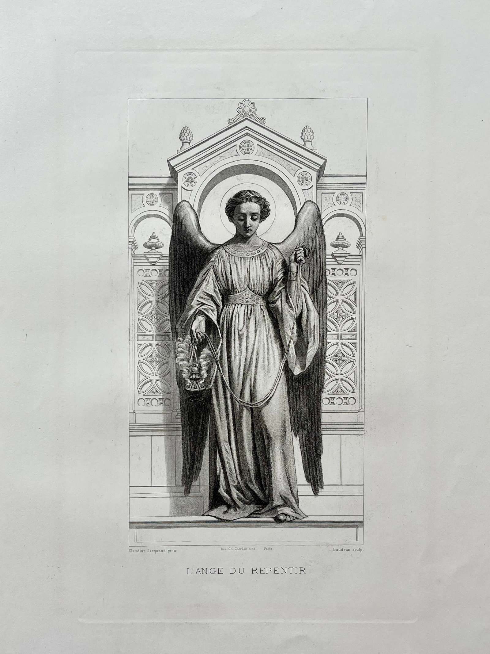Antique French Religious Etching After Claudius Jacquand Angel of Repentance: Original Antique Etching. Printed in France. Thick paper. Size: 18.5 X 12 inches approx. UNFRAMED. Age toning, foxing, edge roughness, refer to pictures for details. SHIPPING IN THE U.S VIA USPS PRIOR