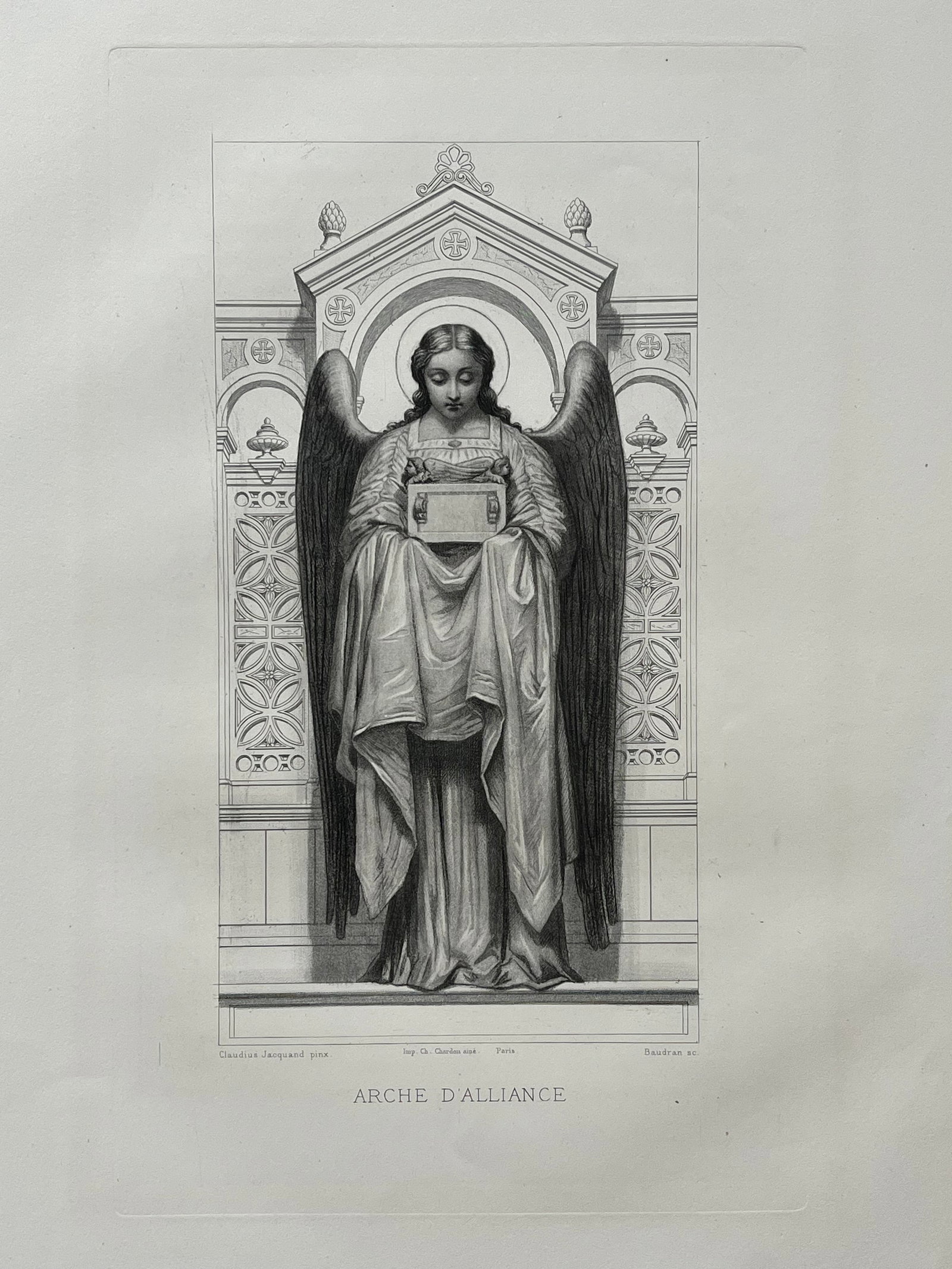 Antique French Religious Etching After Claudius Jacquand Angel Alliance Arch: Original Antique Etching. Printed in France. Thick paper. Size: 18.5 X 12 inches approx. UNFRAMED. Age toning, foxing, edge roughness, refer to pictures for details. SHIPPING IN THE U.S VIA USPS PRIOR